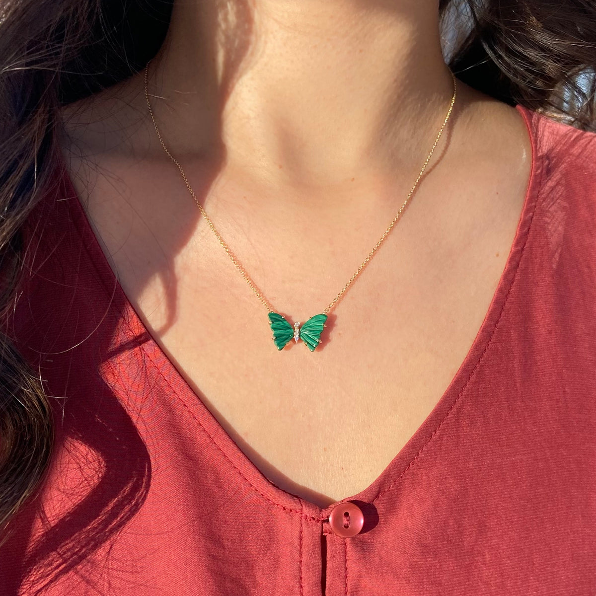 mini pronged butterfly necklace with diamonds malachite