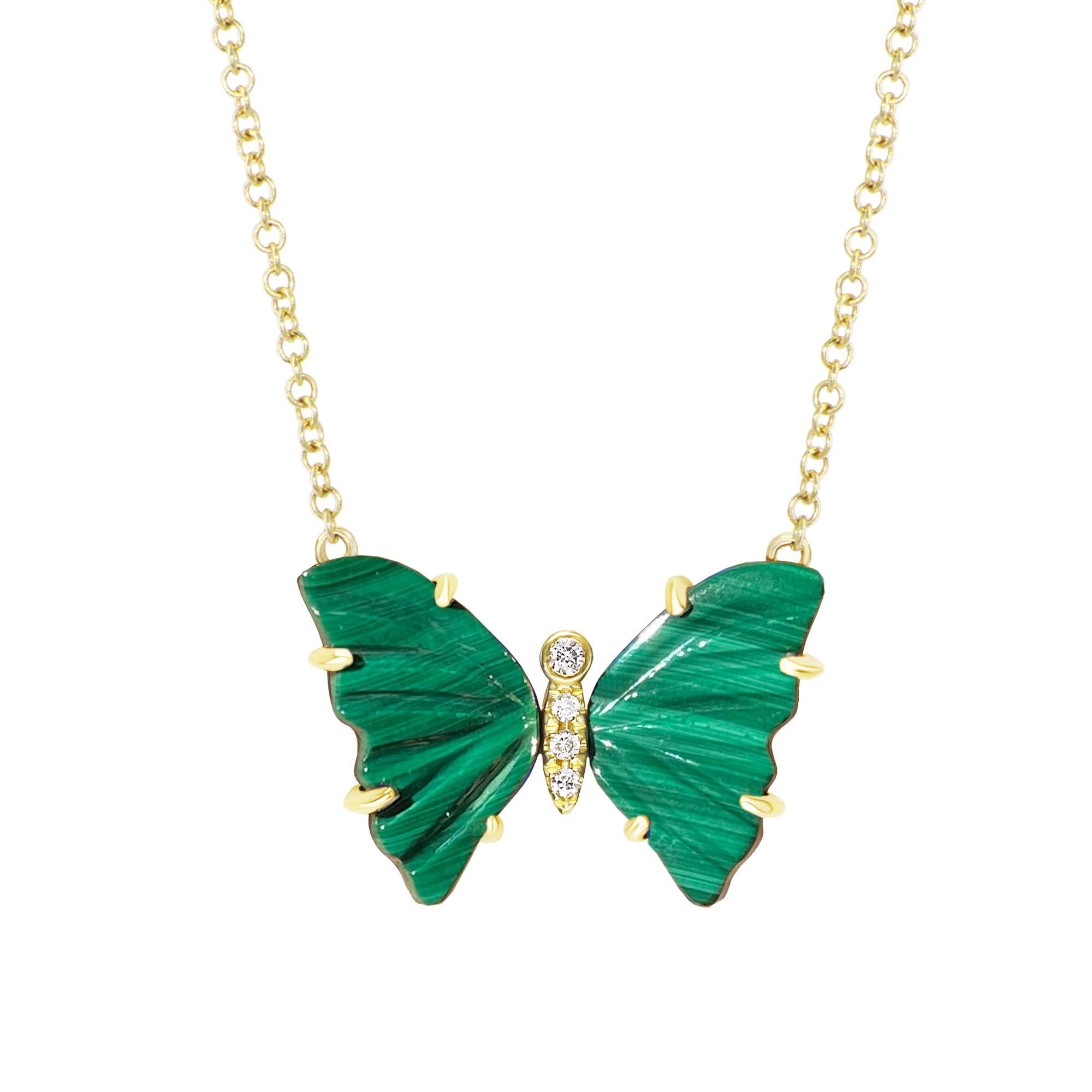 mini pronged butterfly necklace with diamonds in malachite