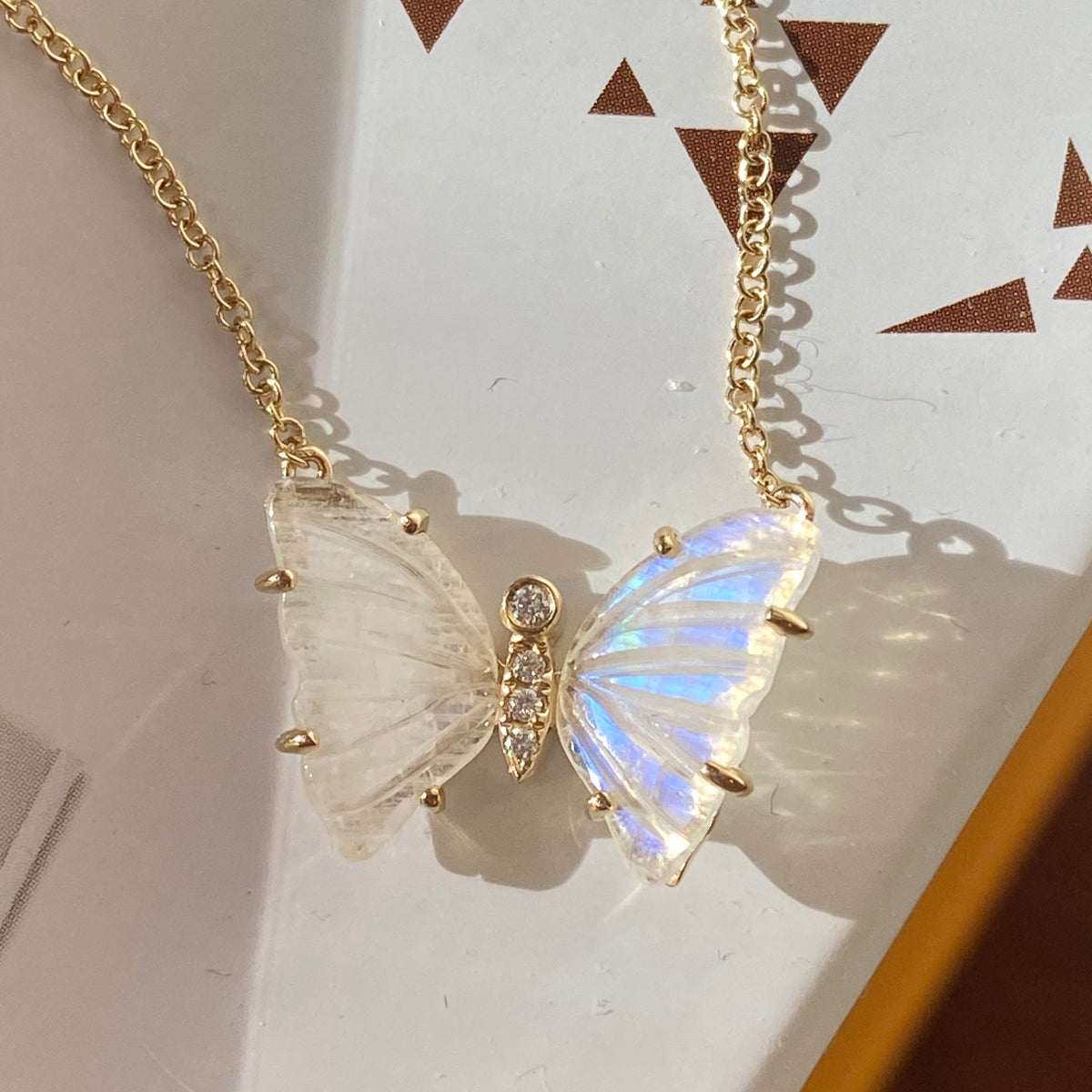 mini pronged butterfly necklace in rainbow moonstone