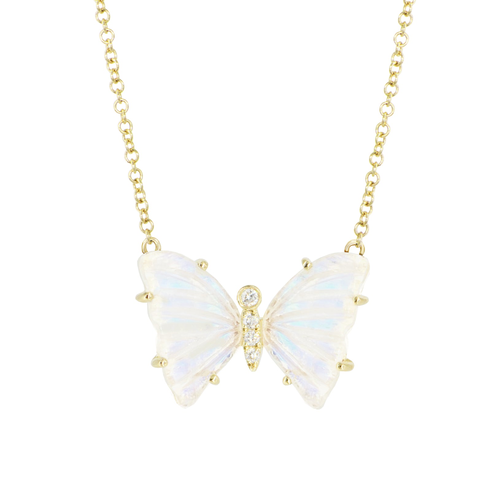 mini pronged butterfly necklace in rainbow moonstone