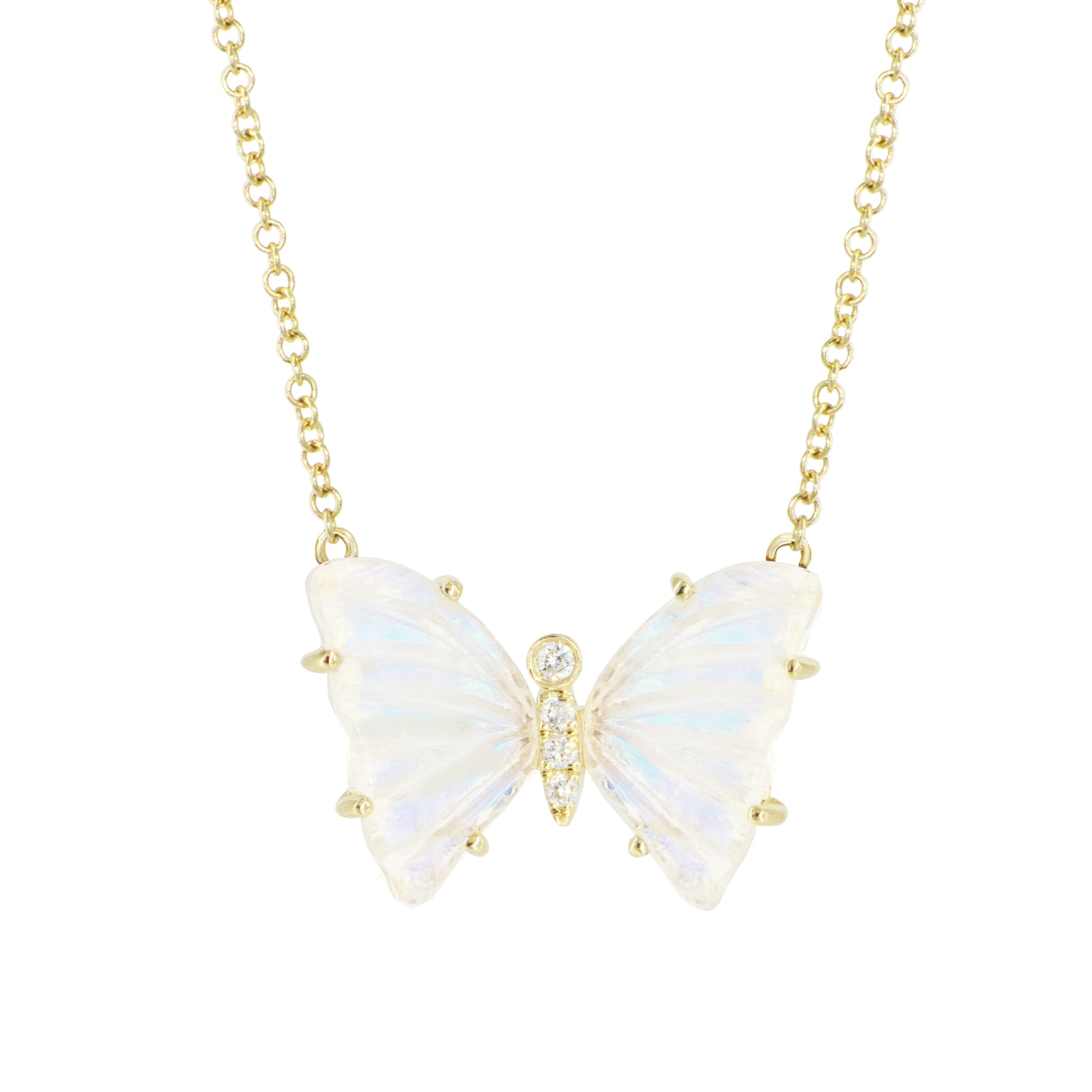 mini pronged butterfly necklace in rainbow moonstone