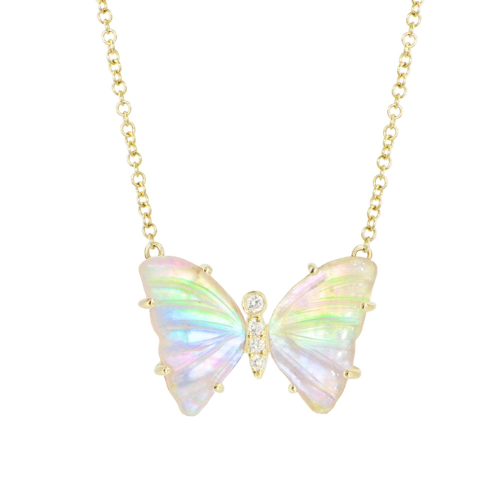 mini pronged butterfly necklace in rainbow pearl and topaz doublet