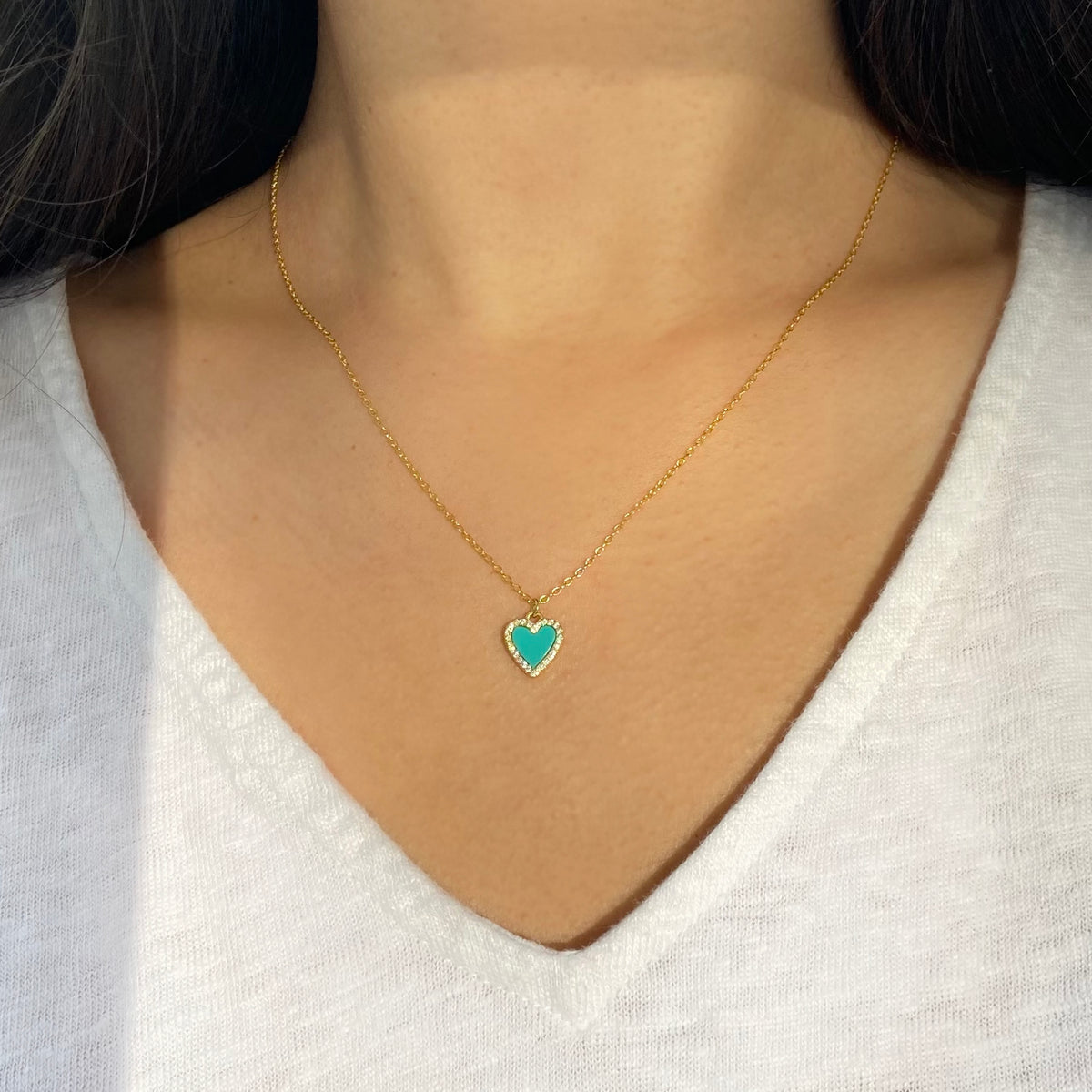 mini turquoise heart necklace with crystals gold lifestyle