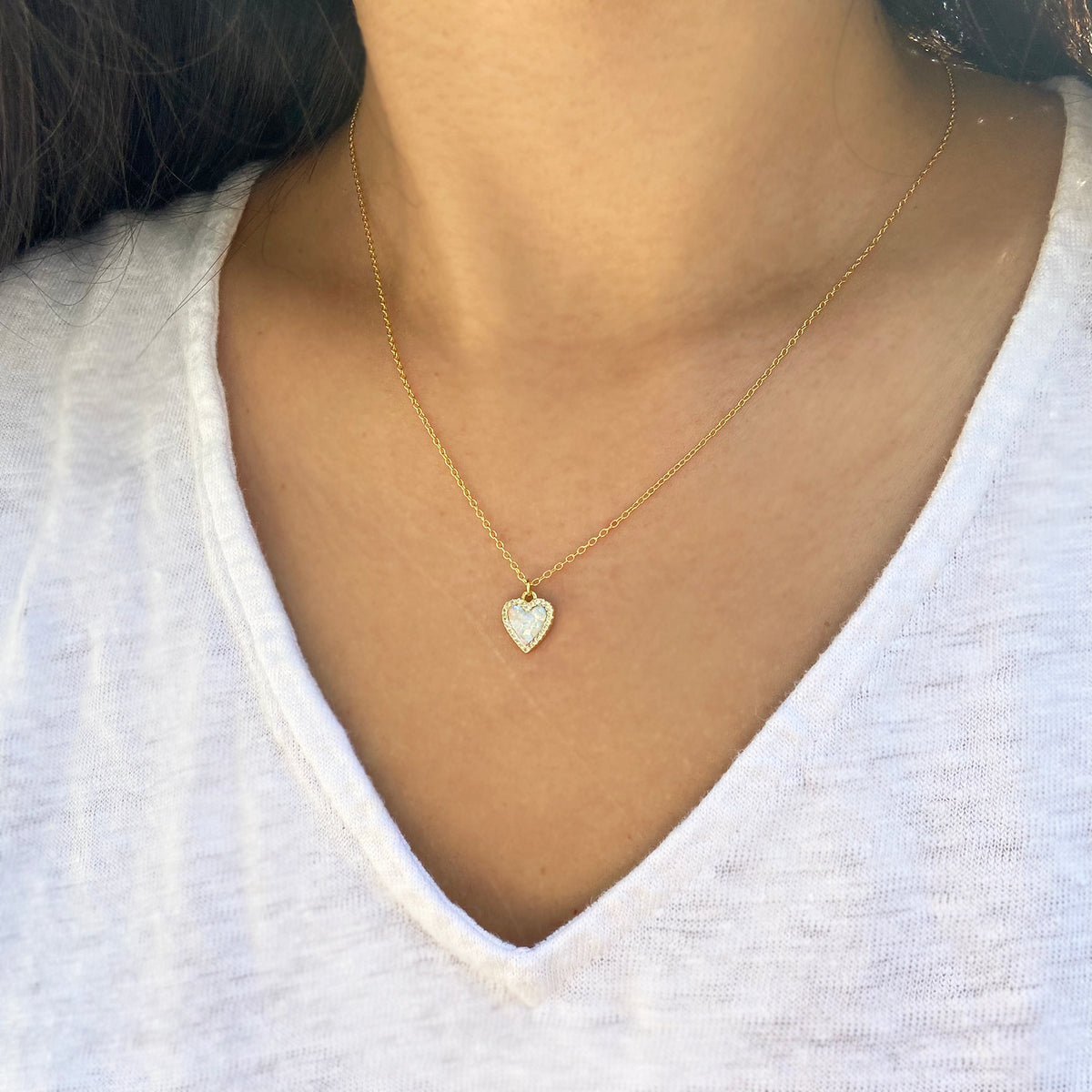 mini white opal heart necklace with crystals