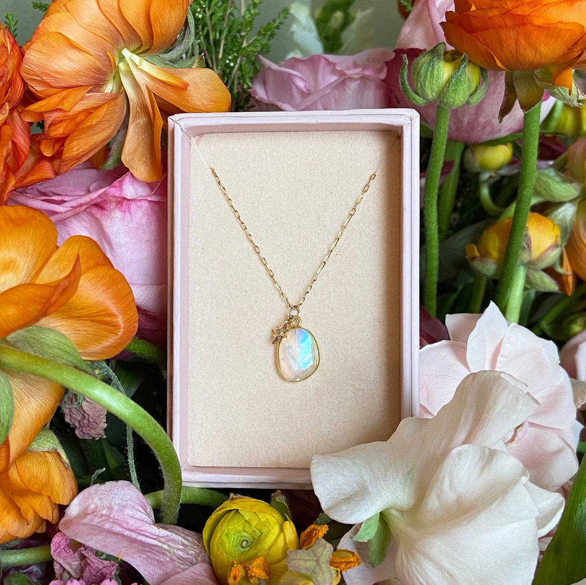 moonstone and diamond star charm necklace flowers