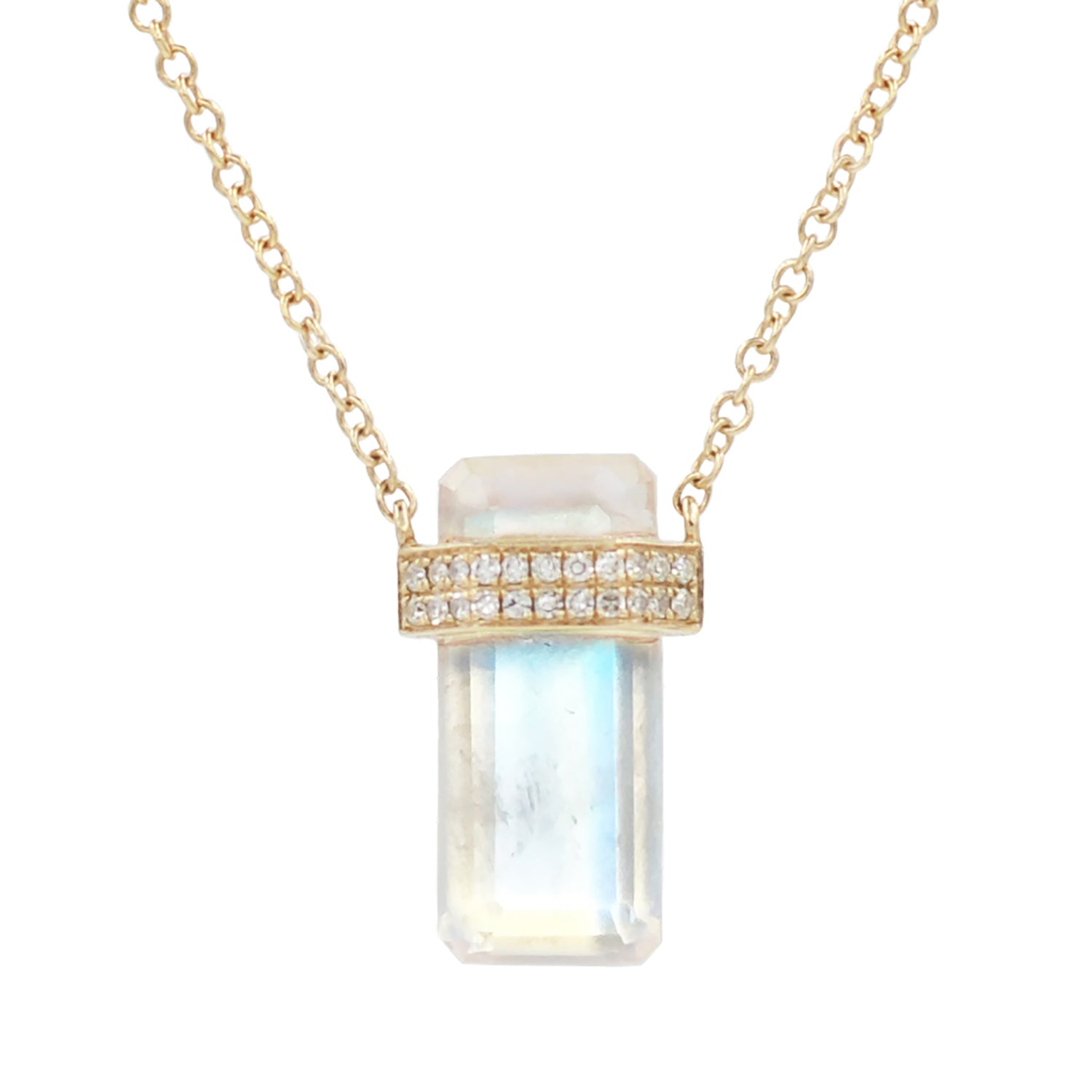 A 14k gold necklace featuring a moonstone pendant with a band of diamonds around it, on a chain.