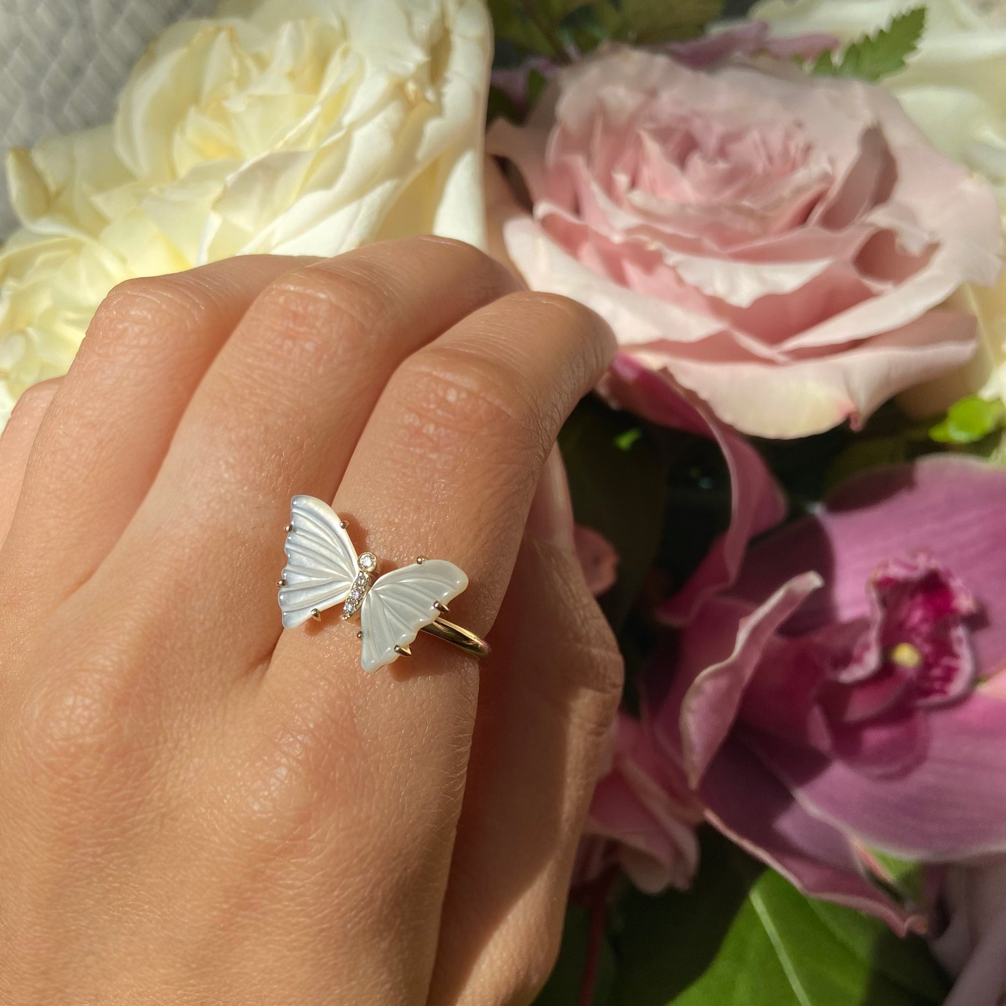 pearl butterfly ring with diamonds