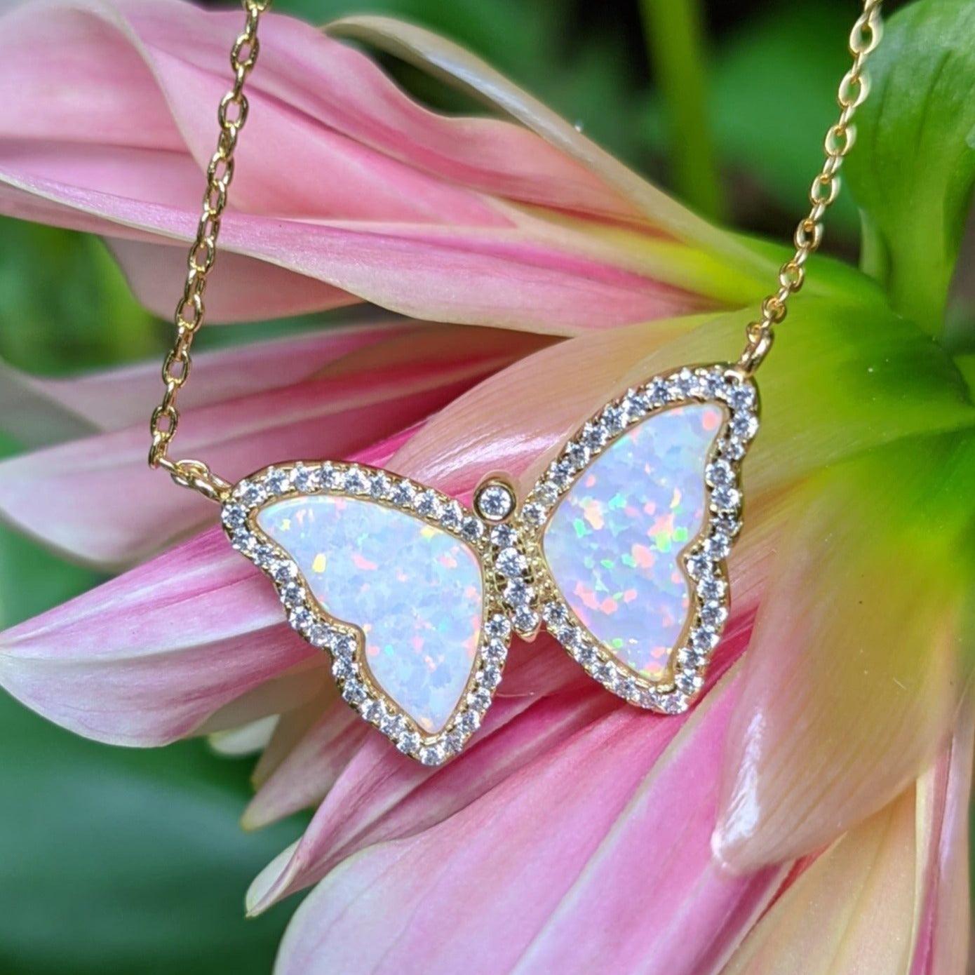 Opal Butterfly Necklace With Crystals in White Opal Gold