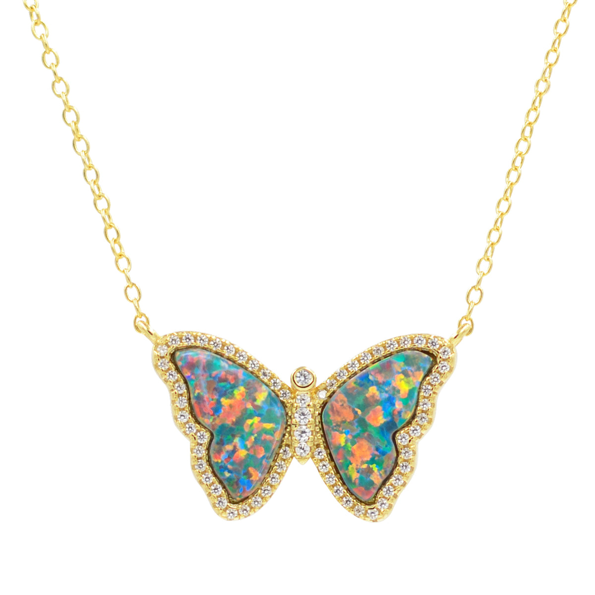 Opal Butterfly Necklace With Crystals in Black Opal Gold