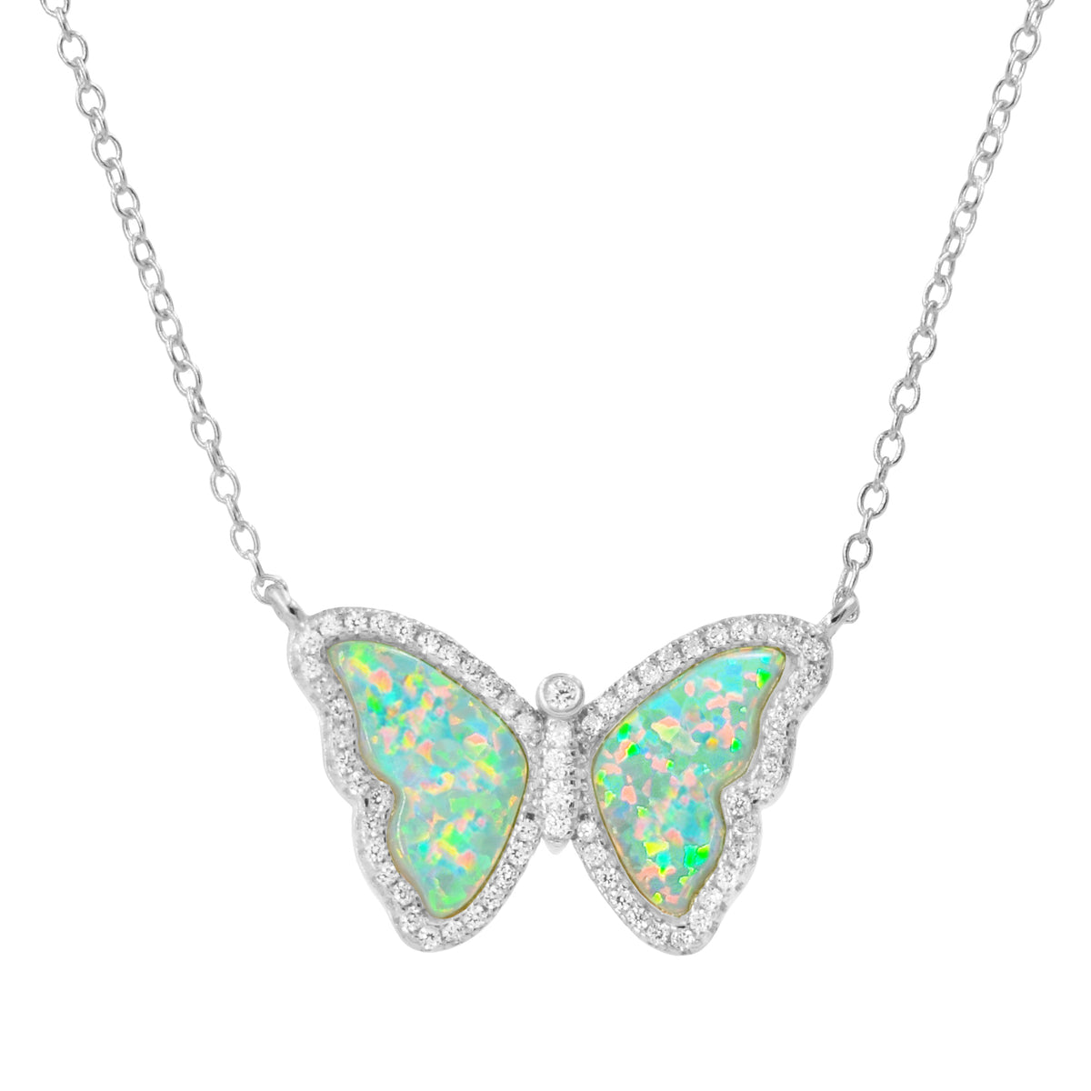 Opal Butterfly Necklace With Crystals in Green Opal Silver