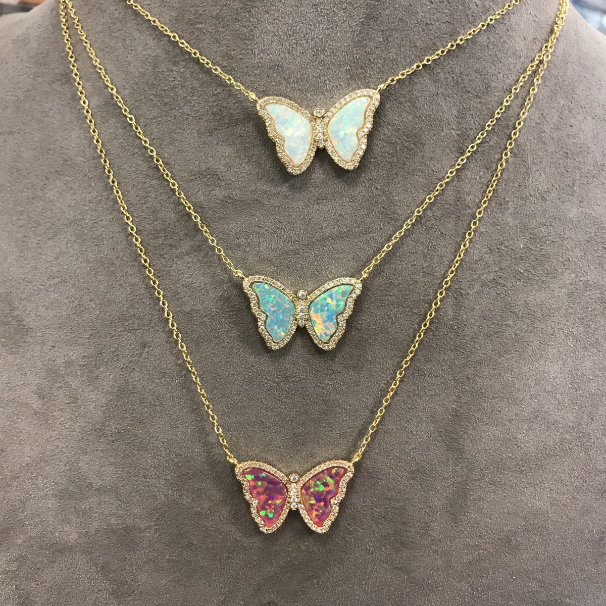 Opal Butterfly Necklace With Crystals Three Layered
