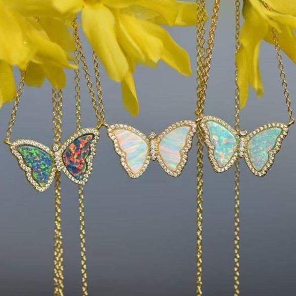 Opal Butterfly Necklace With Crystals Three Hanging