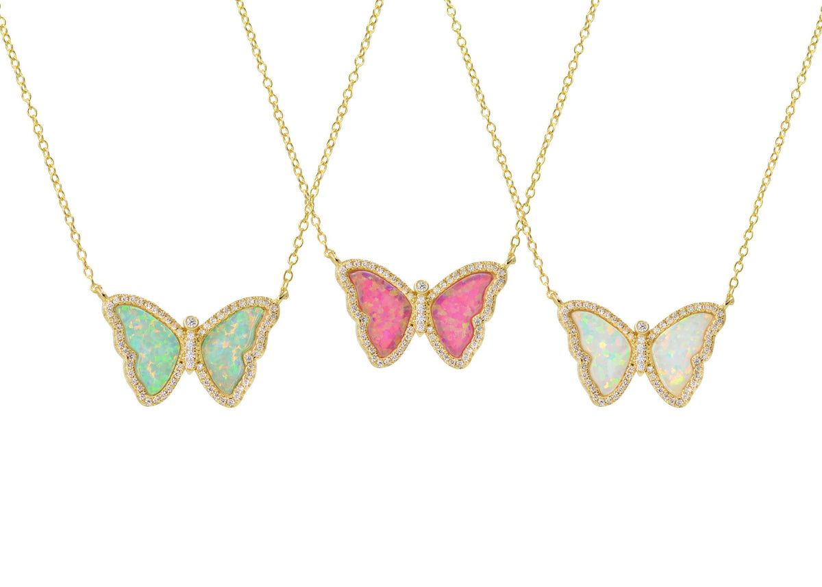 Opal Butterfly Necklace With Crystals Triple