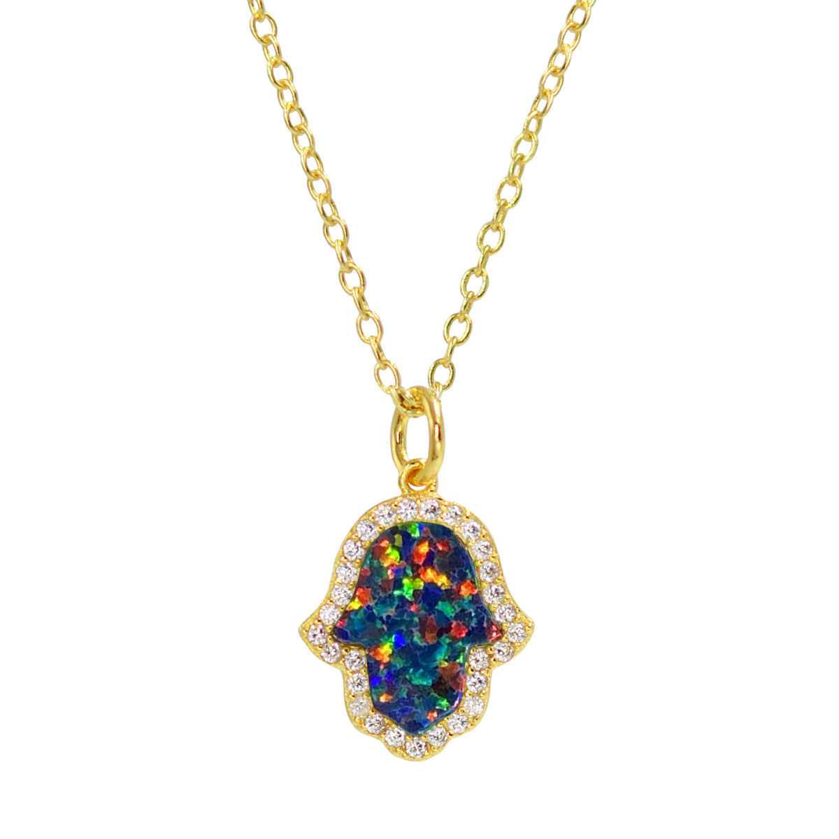 Blue Opal Hamsa Hand Pendant Necklace – 14K Gold Filled