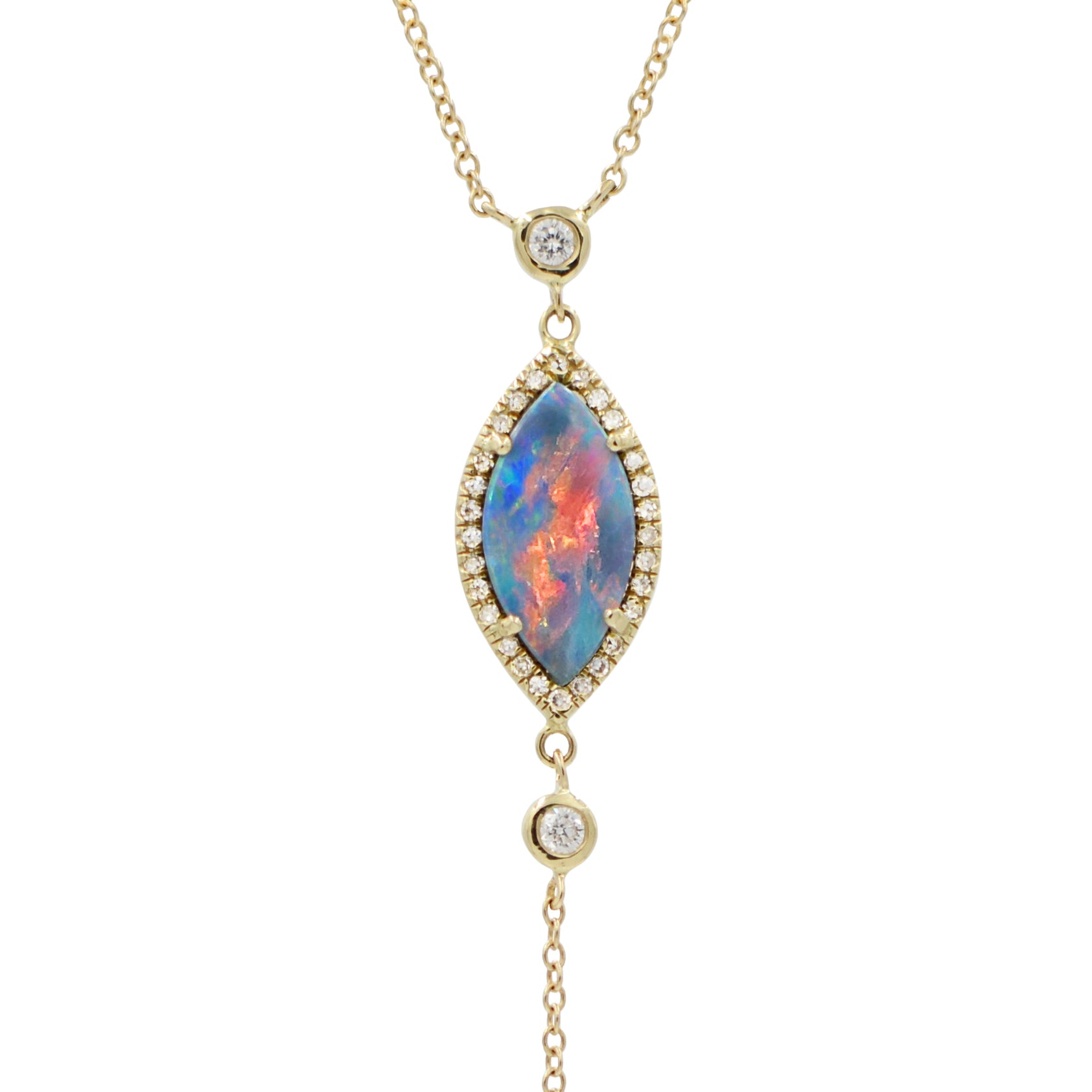 Opal Marquise Lariat Necklace With Diamonds in 14k Gold
