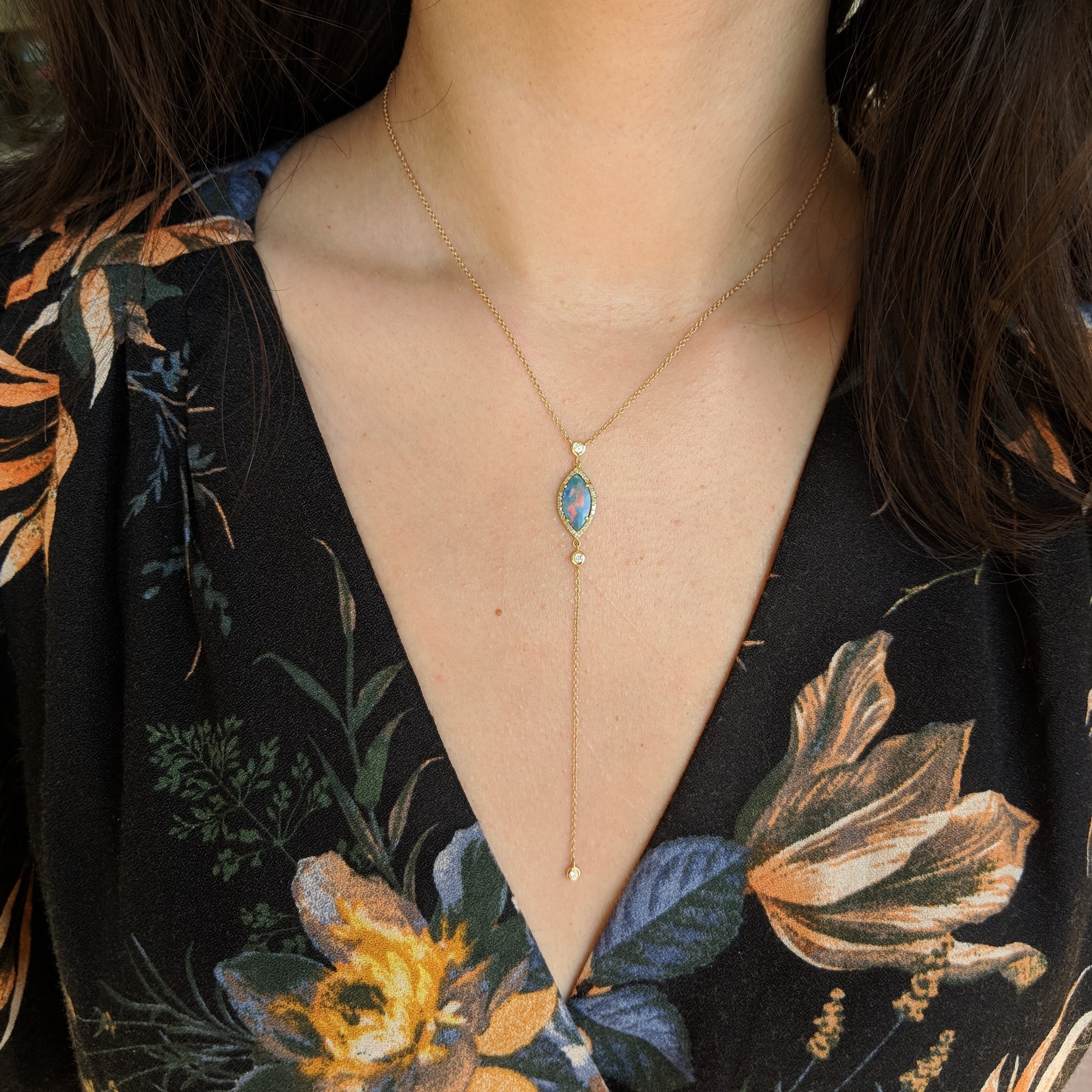 Opal Marquise Lariat Necklace With Diamonds in 14k Gold