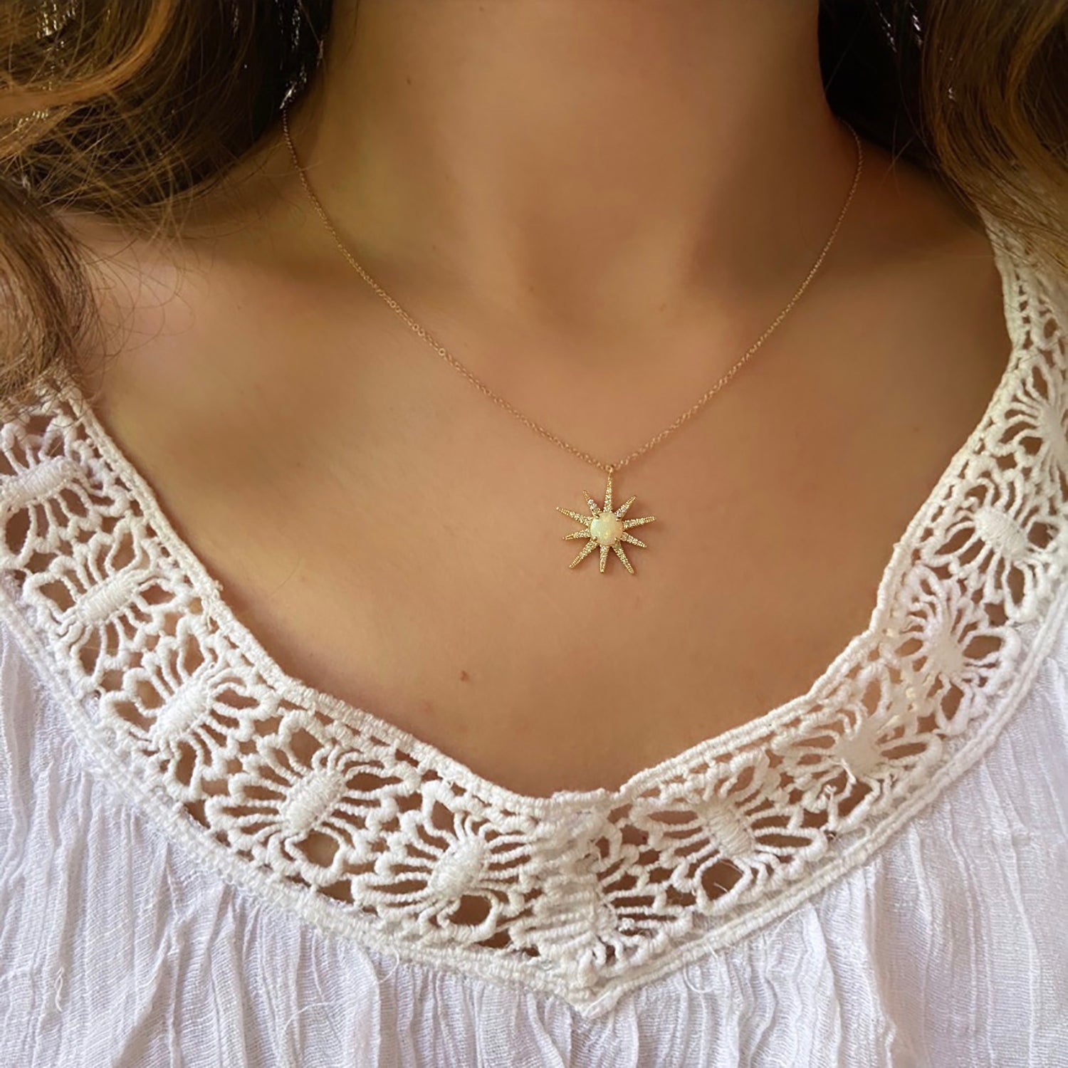Opal Starburst Necklace With Diamonds in 14k Gold