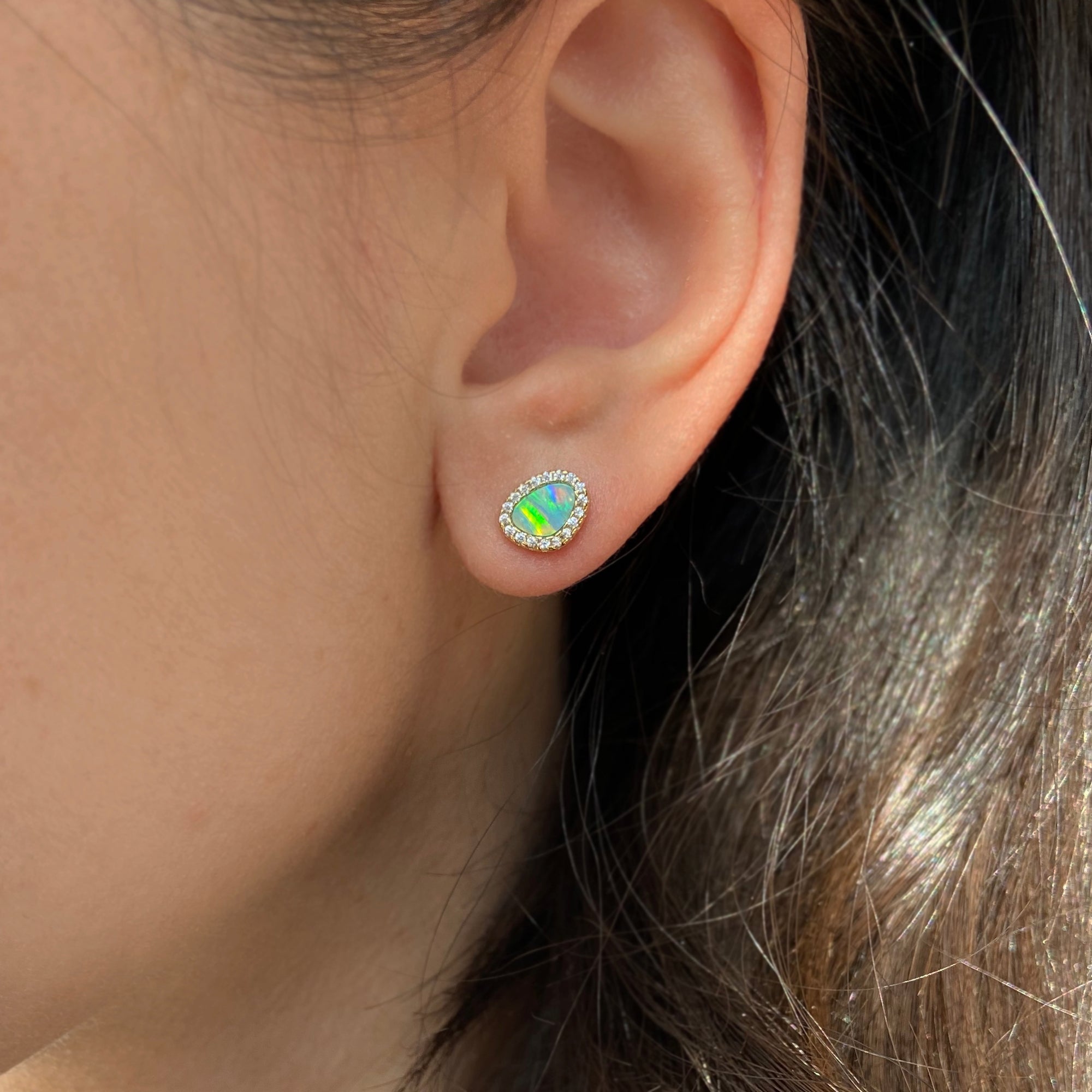 Opal pebble stud earrings blue green gold