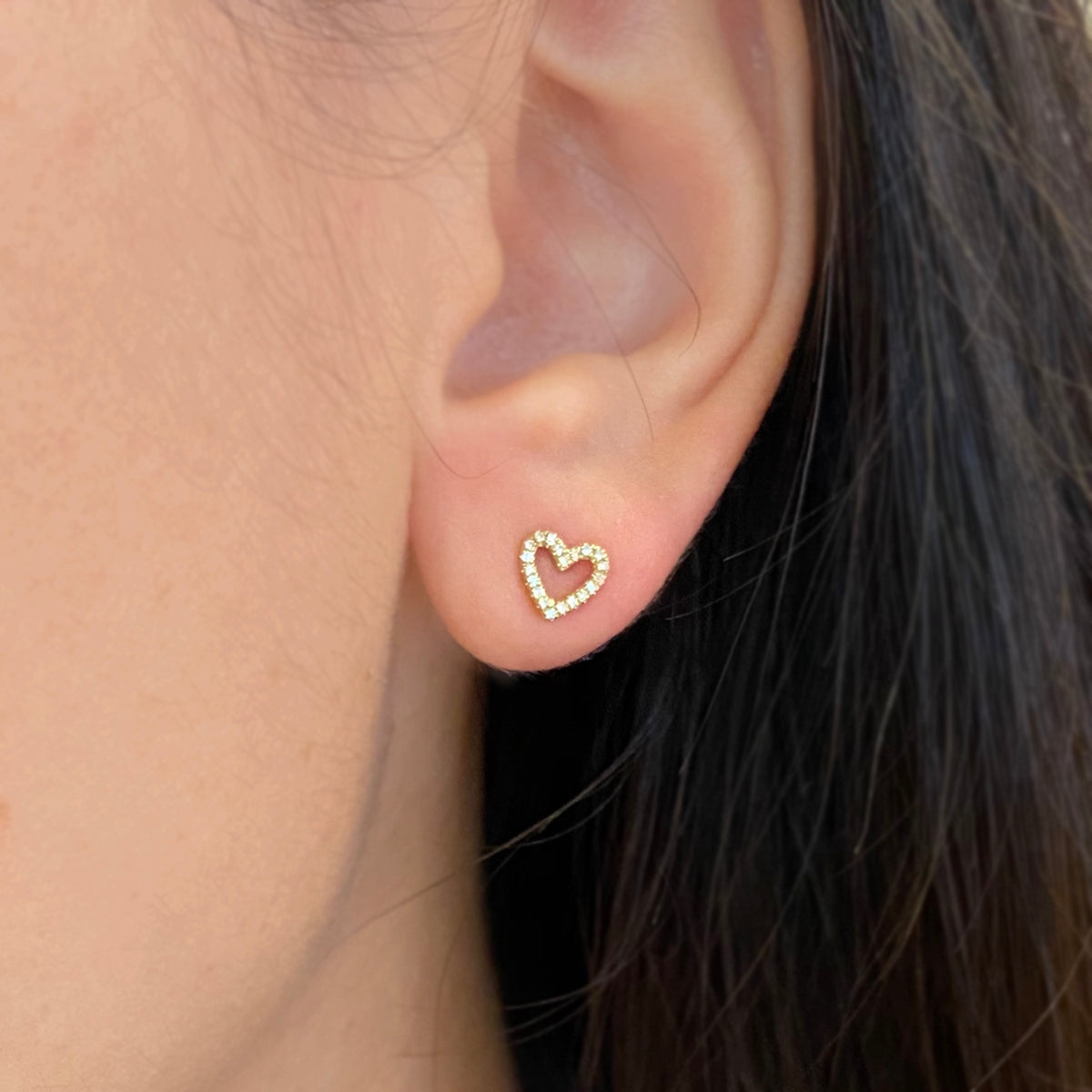 Open Diamond Heart Stud Earrings in 14k Gold Lifestyle