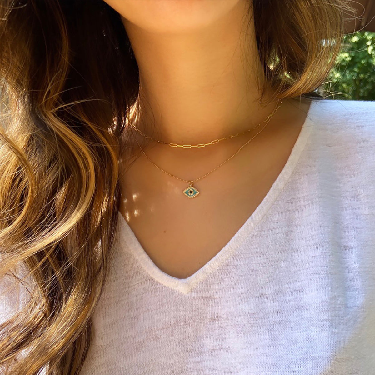 Paperclip Link Chain in 14k Gold Layered With Evil Eye Charm