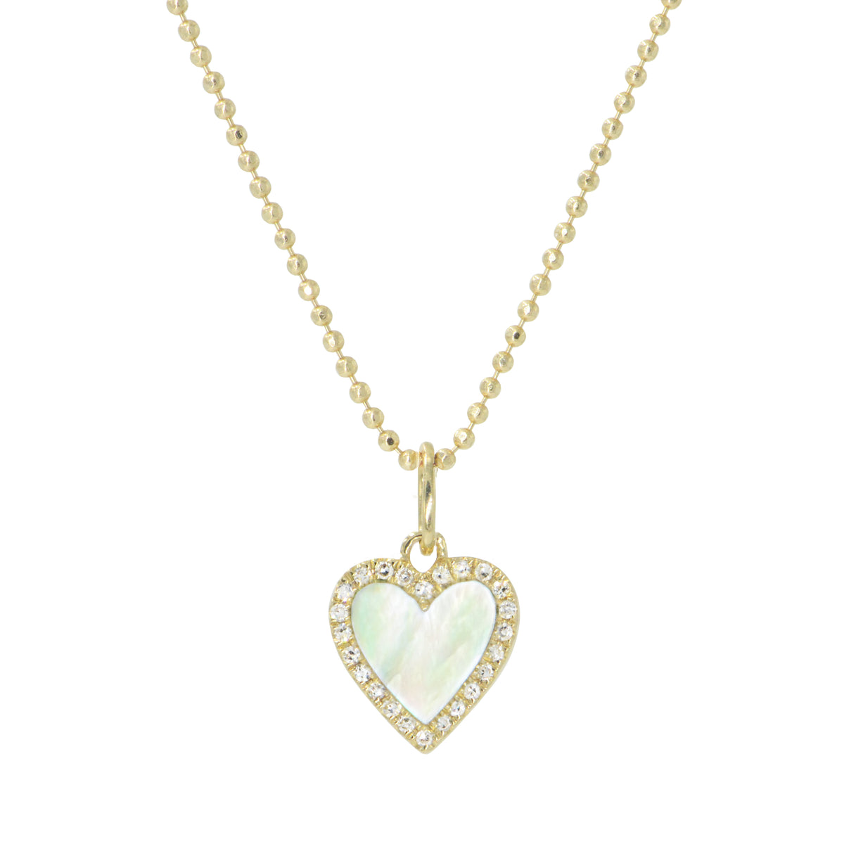 pearl heart necklace with diamonds mini on 14k diamond cut ball chain