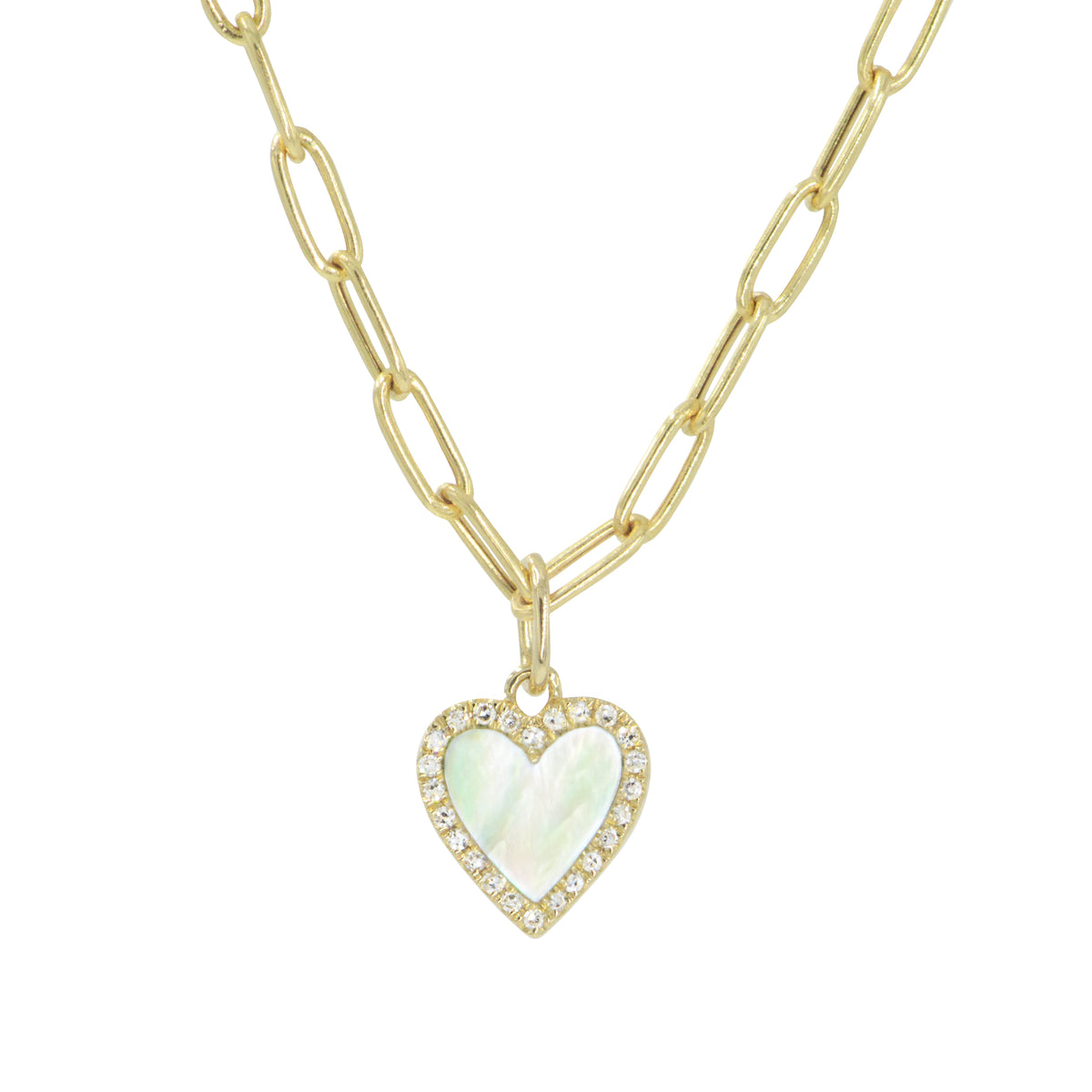 pearl heart necklace with diamonds mini on paperclip chain