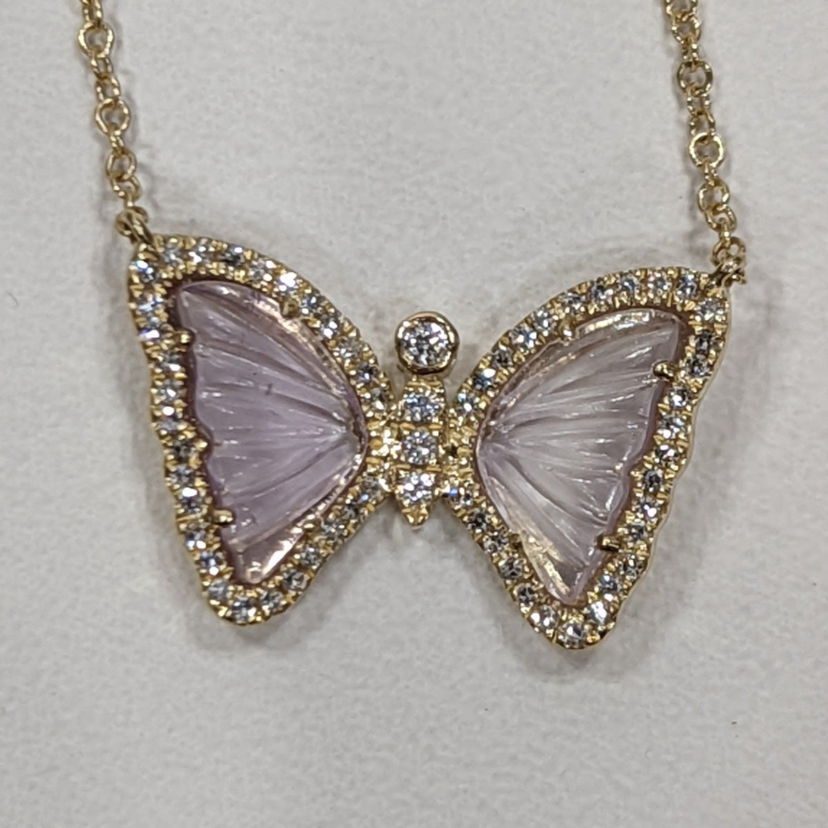 Mini Pink Amethyst Butterfly Necklace with Diamonds