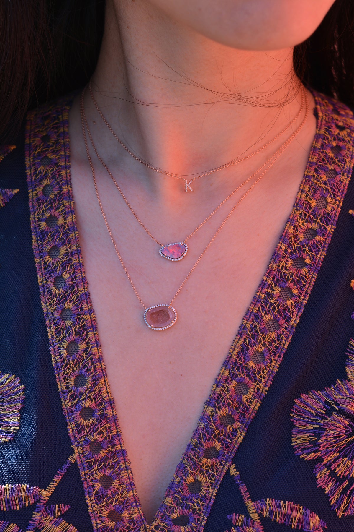 Pink Baby Geode Necklace With Diamonds in 14k Rose Gold Layered