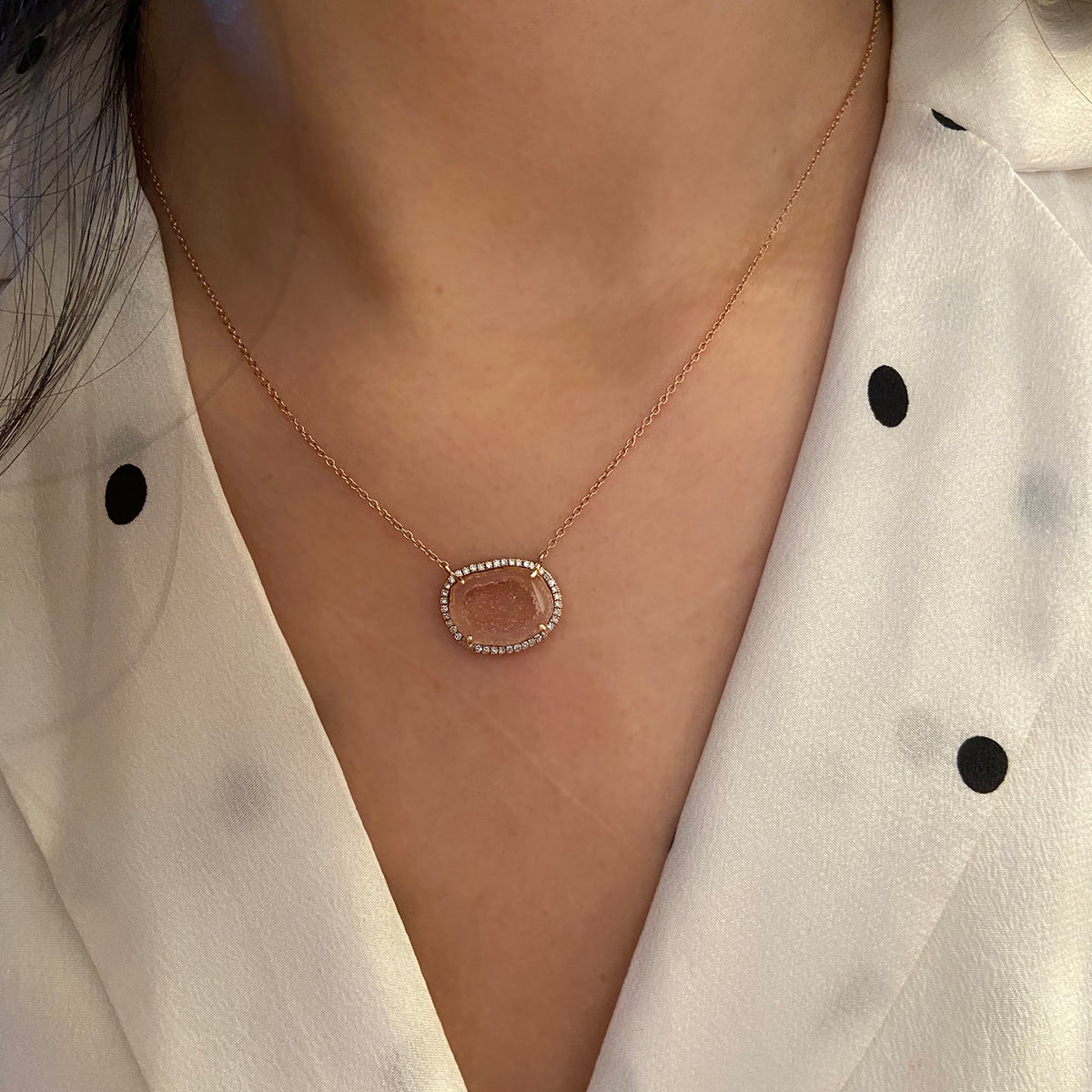 Pink Baby Geode Necklace With Diamonds in 14k Rose Gold