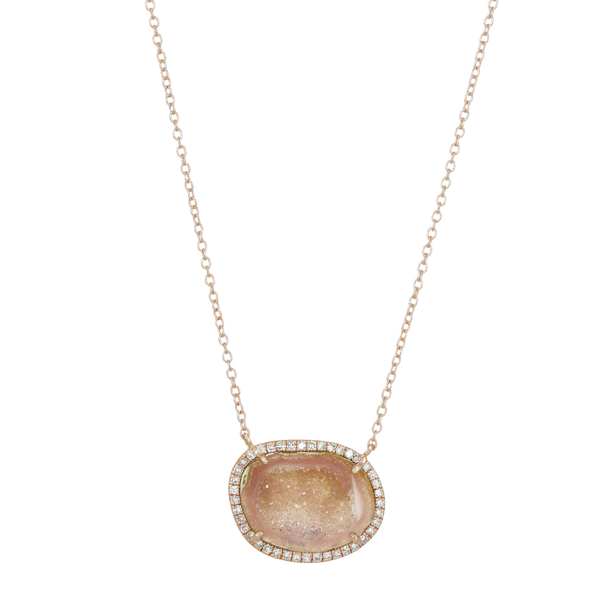 Pink Baby Geode Necklace With Diamonds in 14k Rose Gold