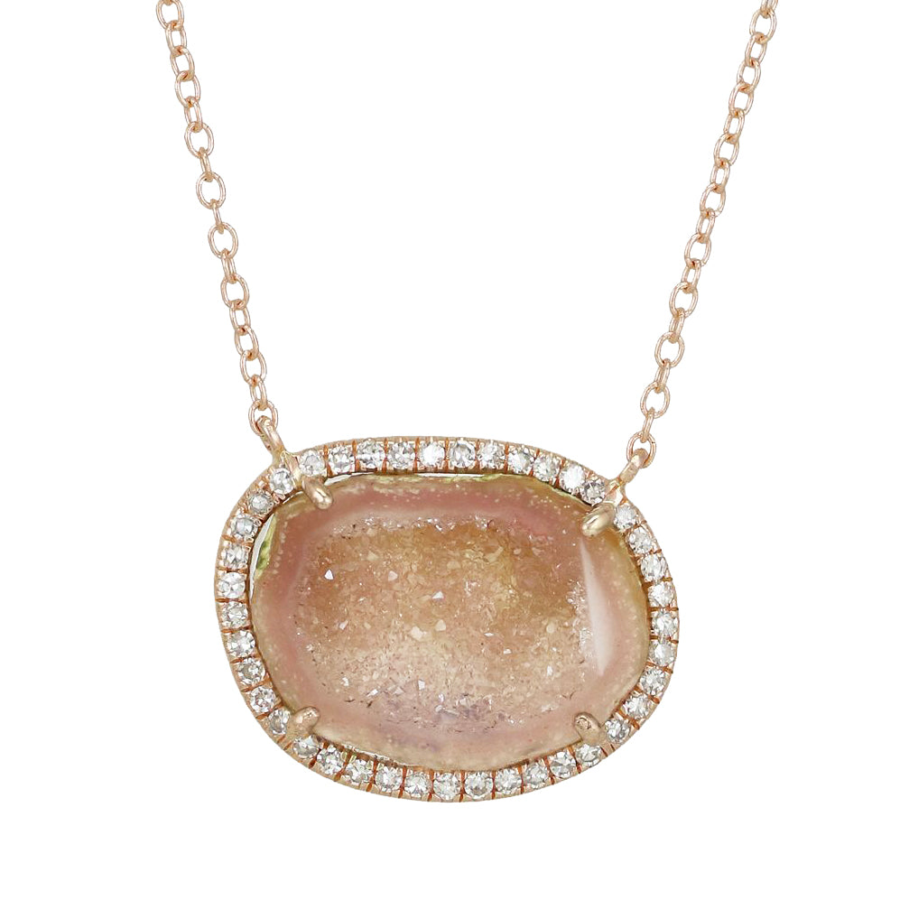 Pink Baby Geode Necklace With Diamonds in 14k Rose Gold