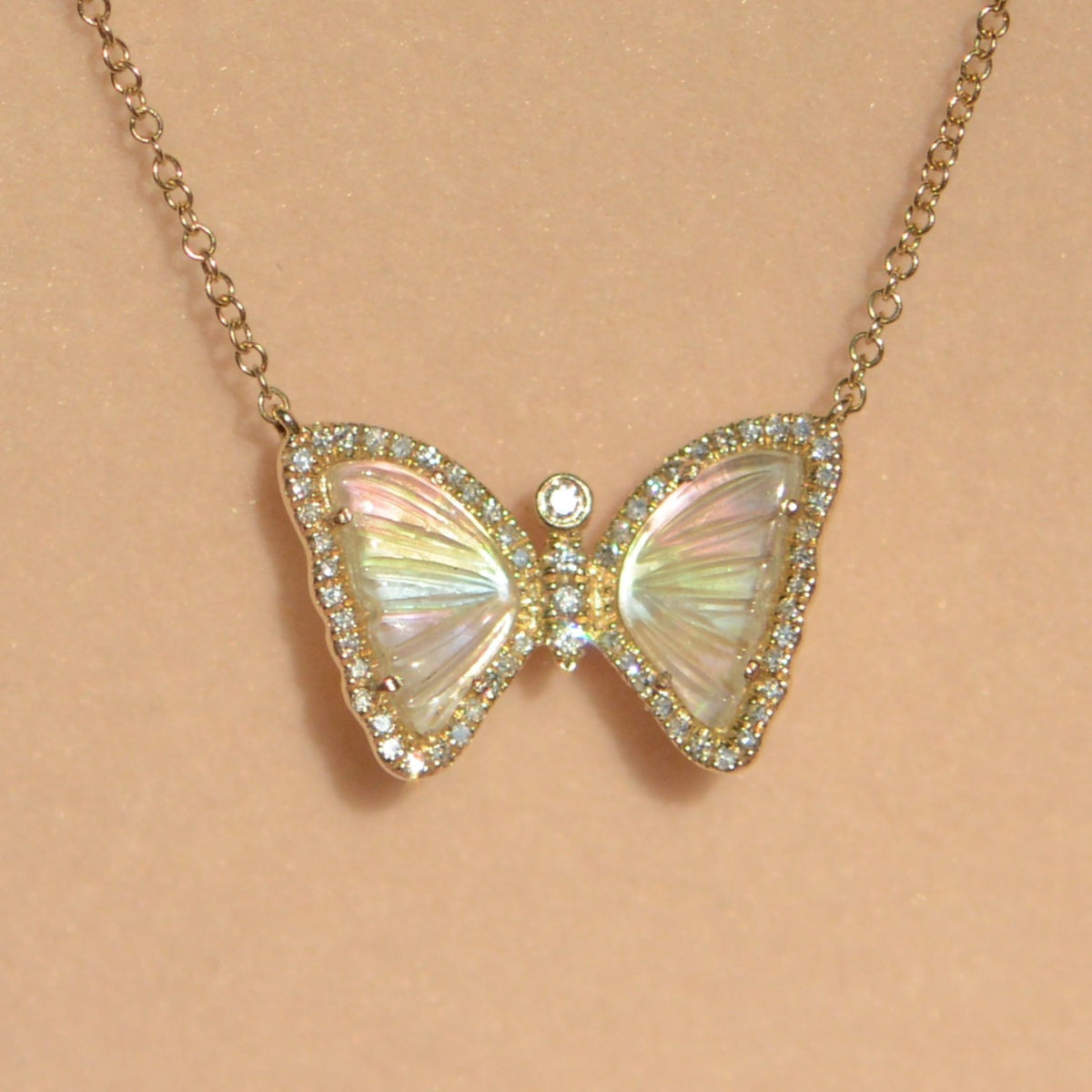 Rainbow Prism Butterfly Necklace With Pearl and Diamonds