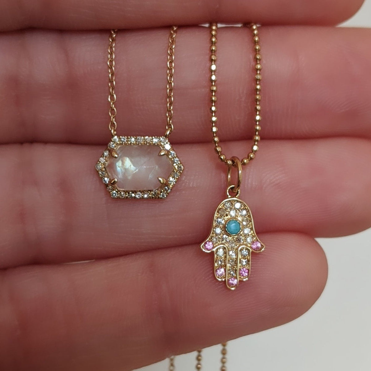 Rainbow Moonstone Hex Necklace With Diamonds 14k Gold and Diamond Hamsa Hand