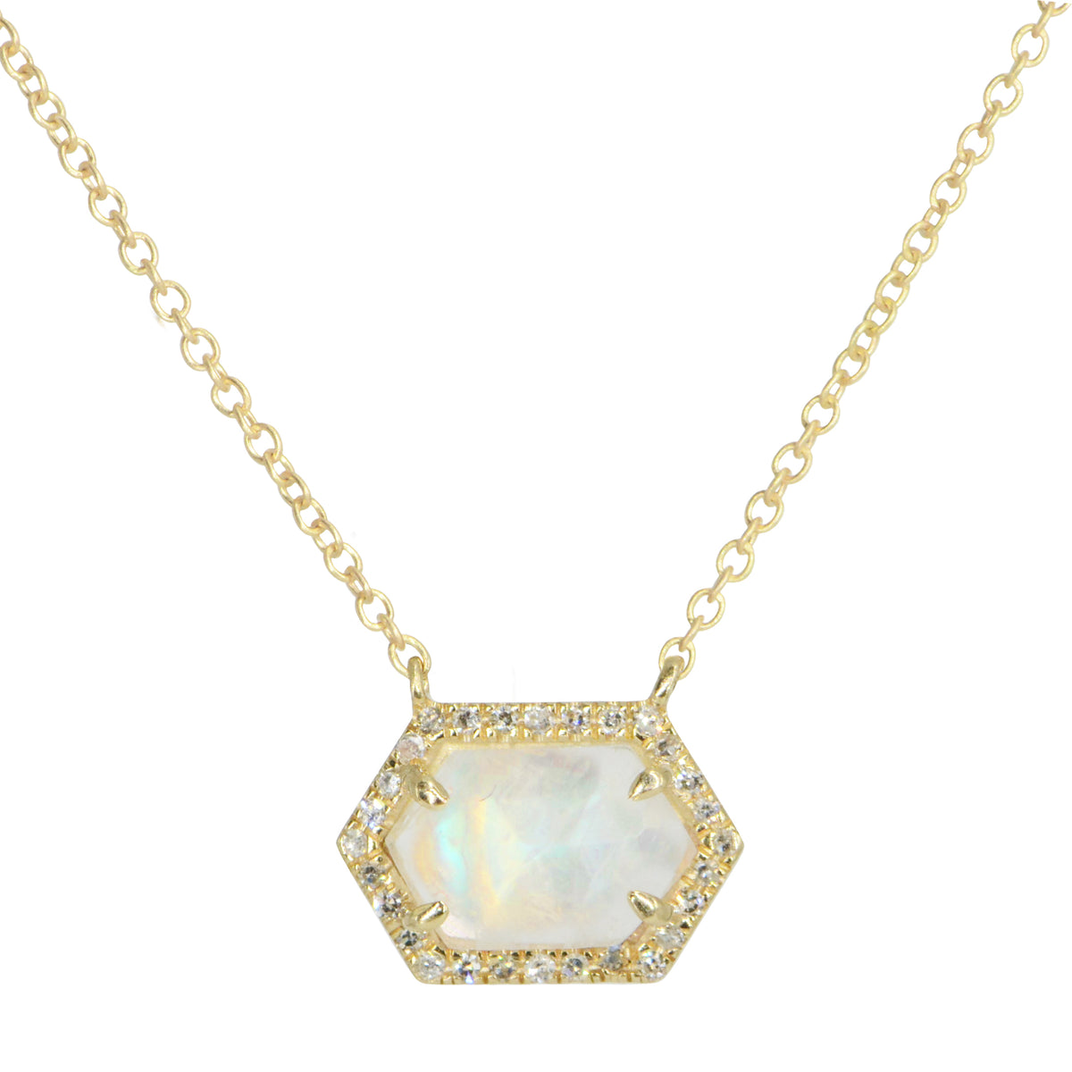 Rainbow Moonstone Hex Necklace With Diamonds 14k Gold