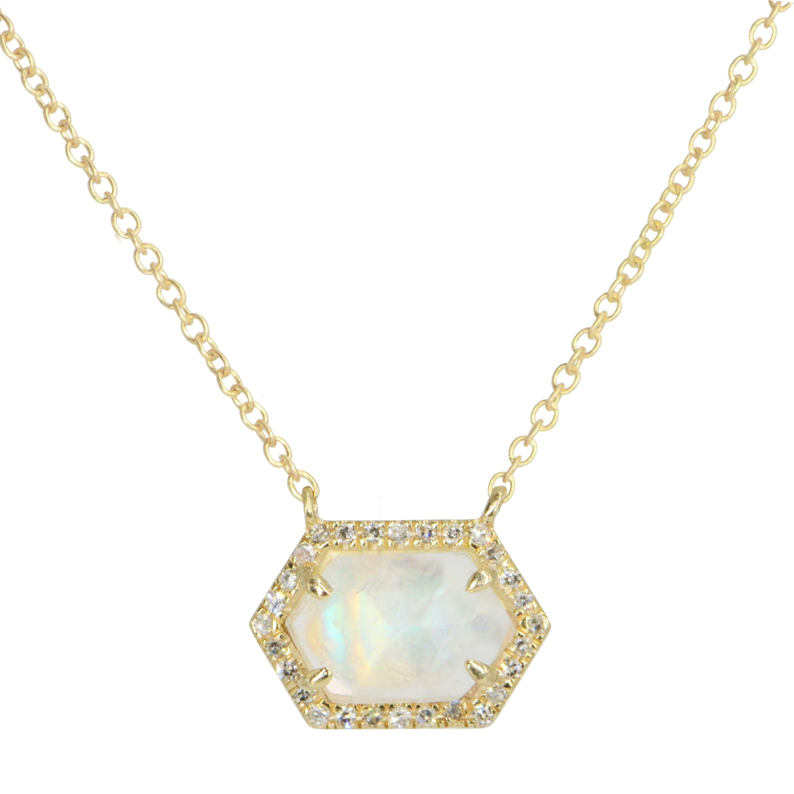 Rainbow Moonstone Hex Necklace With Diamonds 14k Gold