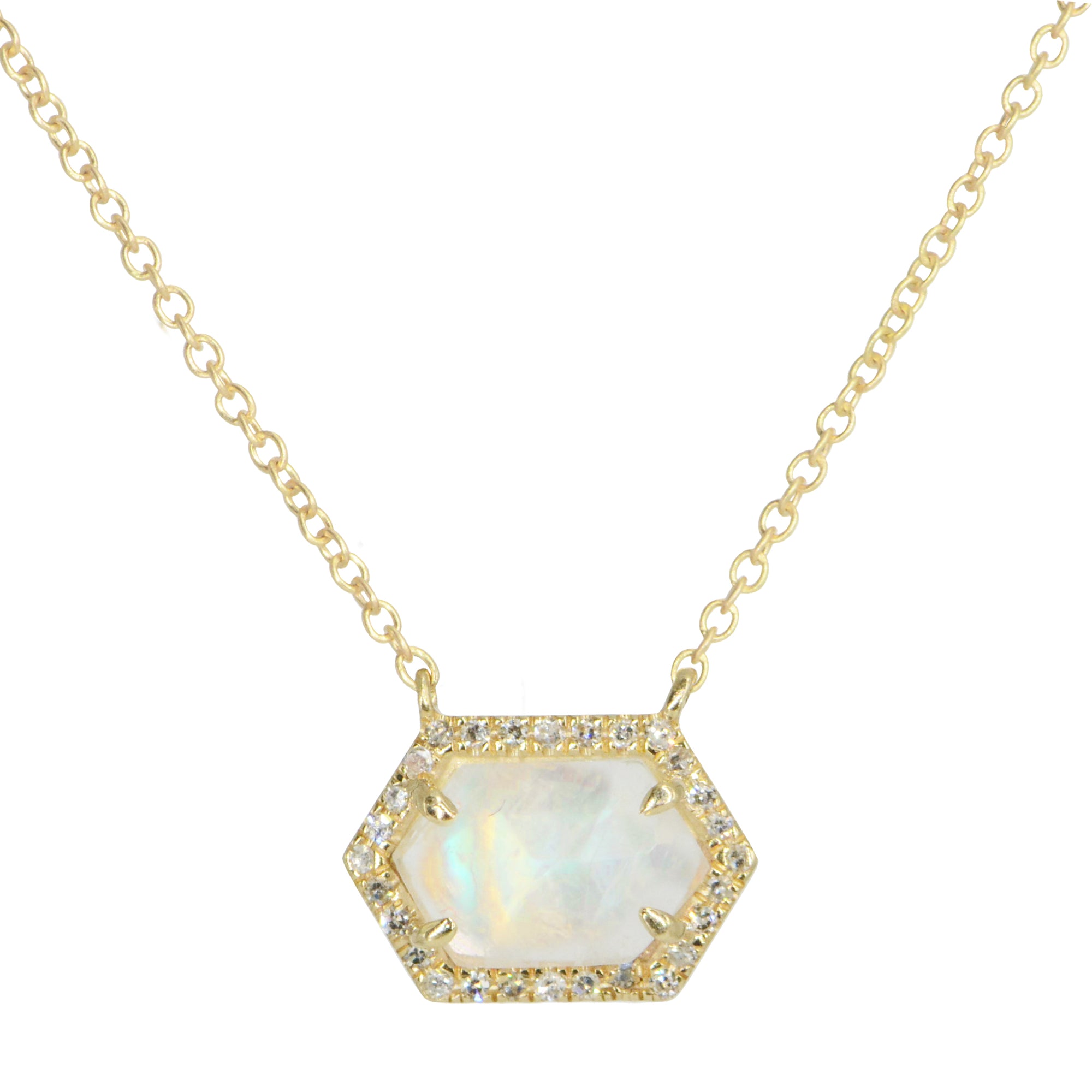 Rainbow Moonstone Hex Necklace With Diamonds 14k Gold