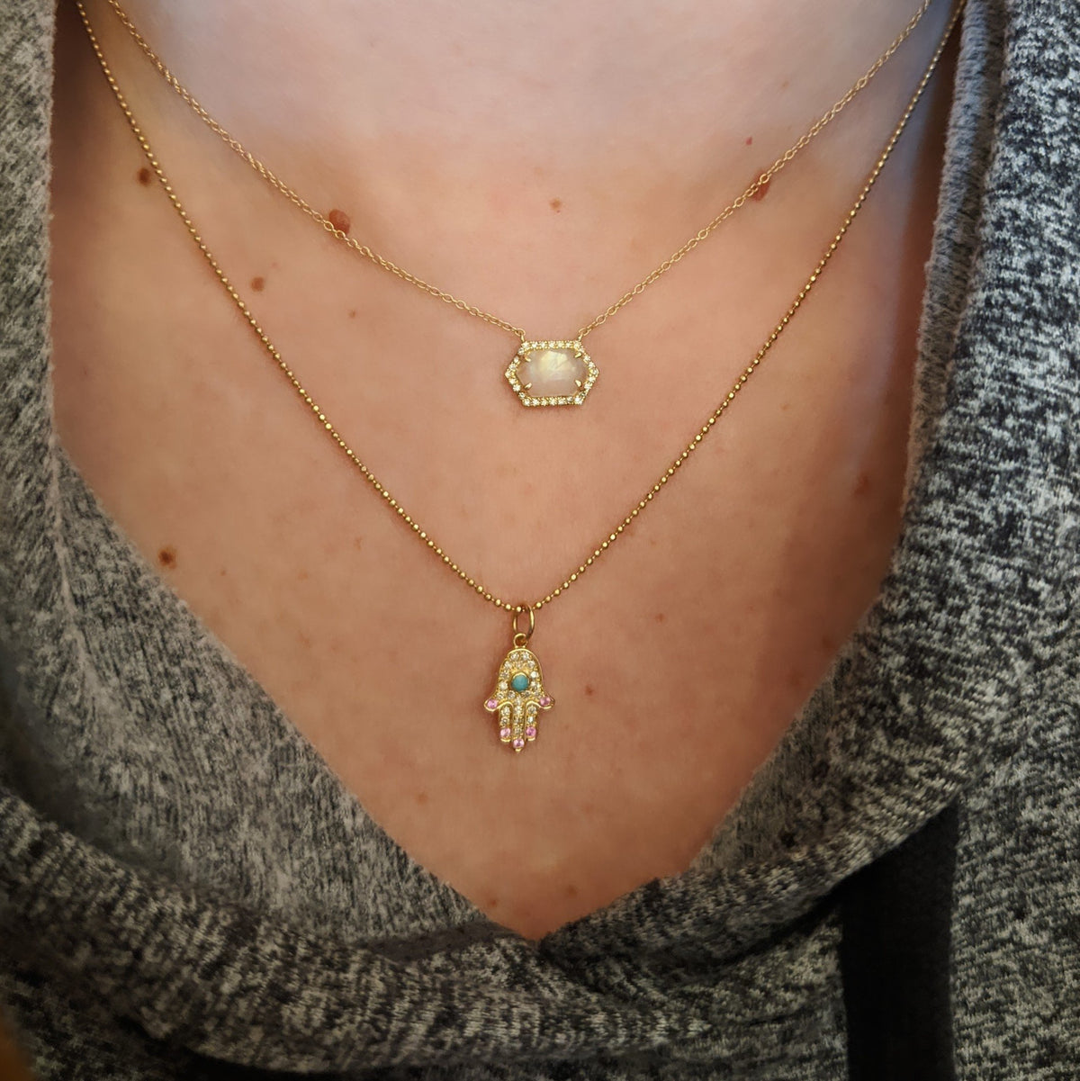 Rainbow Moonstone Hex Necklace With Diamonds 14k Gold and Diamond Hamsa Hand