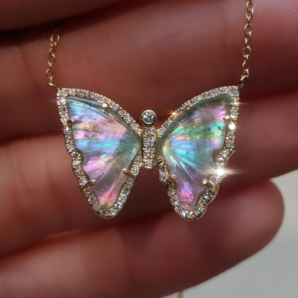 Fairy Tourmaline Butterfly Necklace With Pearl and Diamonds in 14k Gold