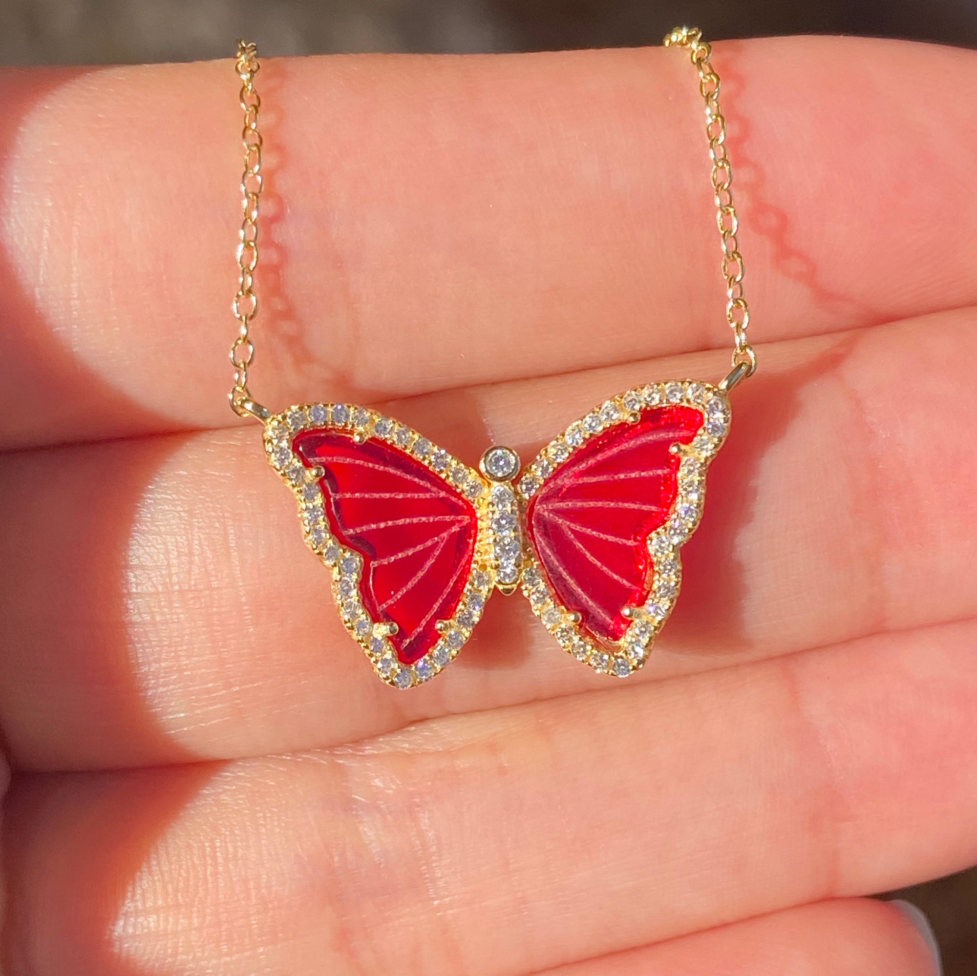 butterfly gemstone necklace with red jade in gold