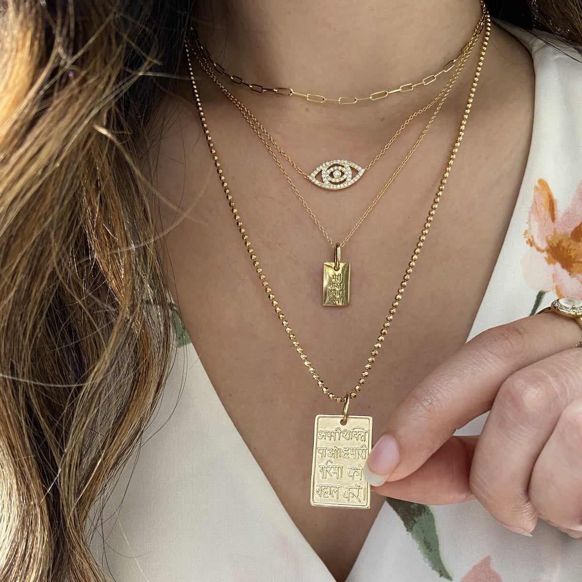 Restore Dignity Amulet Necklace Layered With Evil Eye Necklace and Paperclip Chain