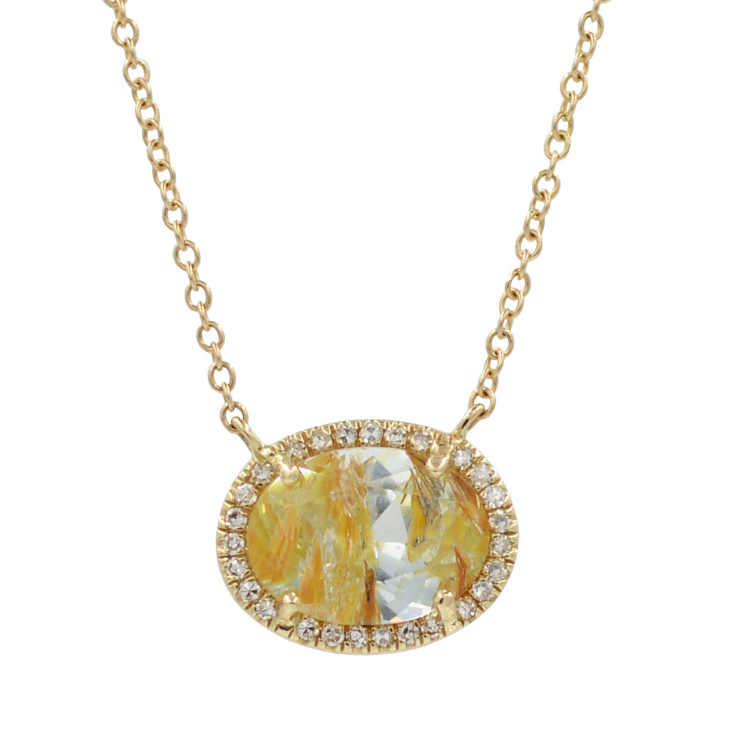 Rutilated Topaz Oval Necklace With Diamonds in 14k Gold