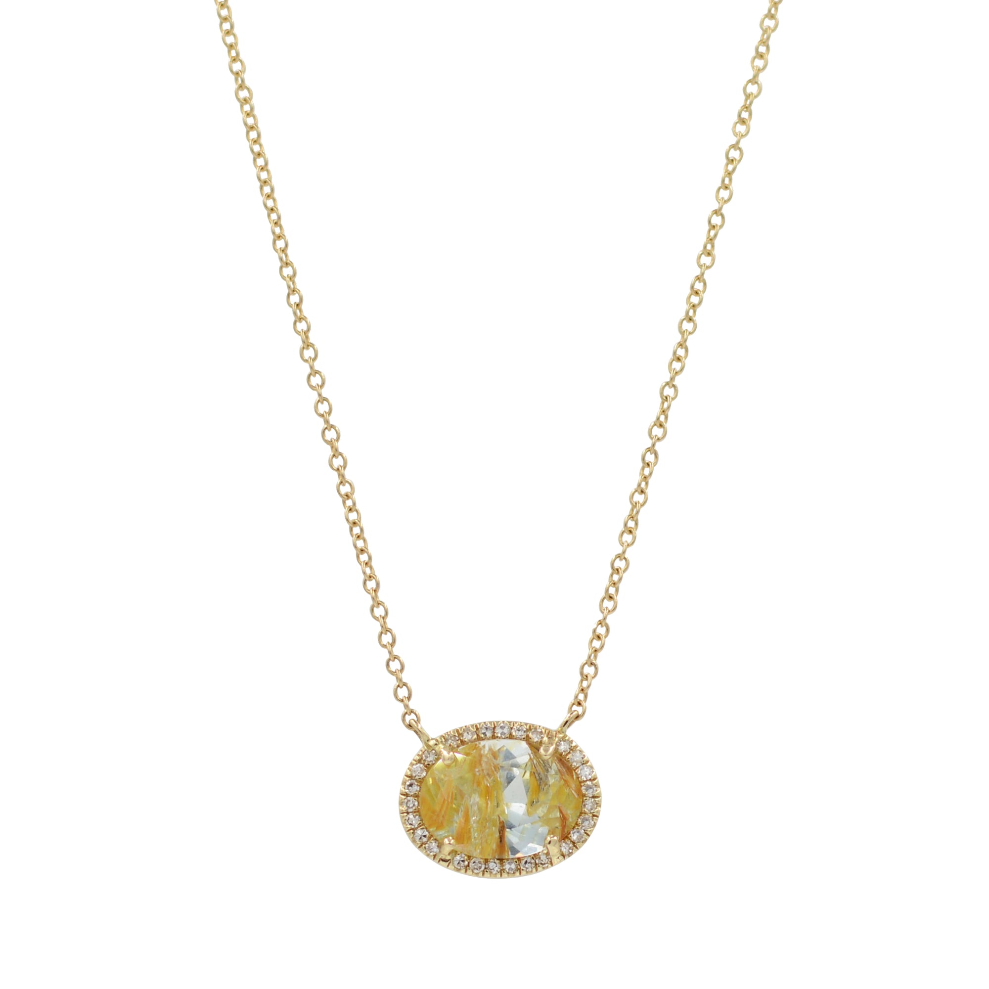 Rutilated Topaz Oval Necklace With Diamonds in 14k Gold