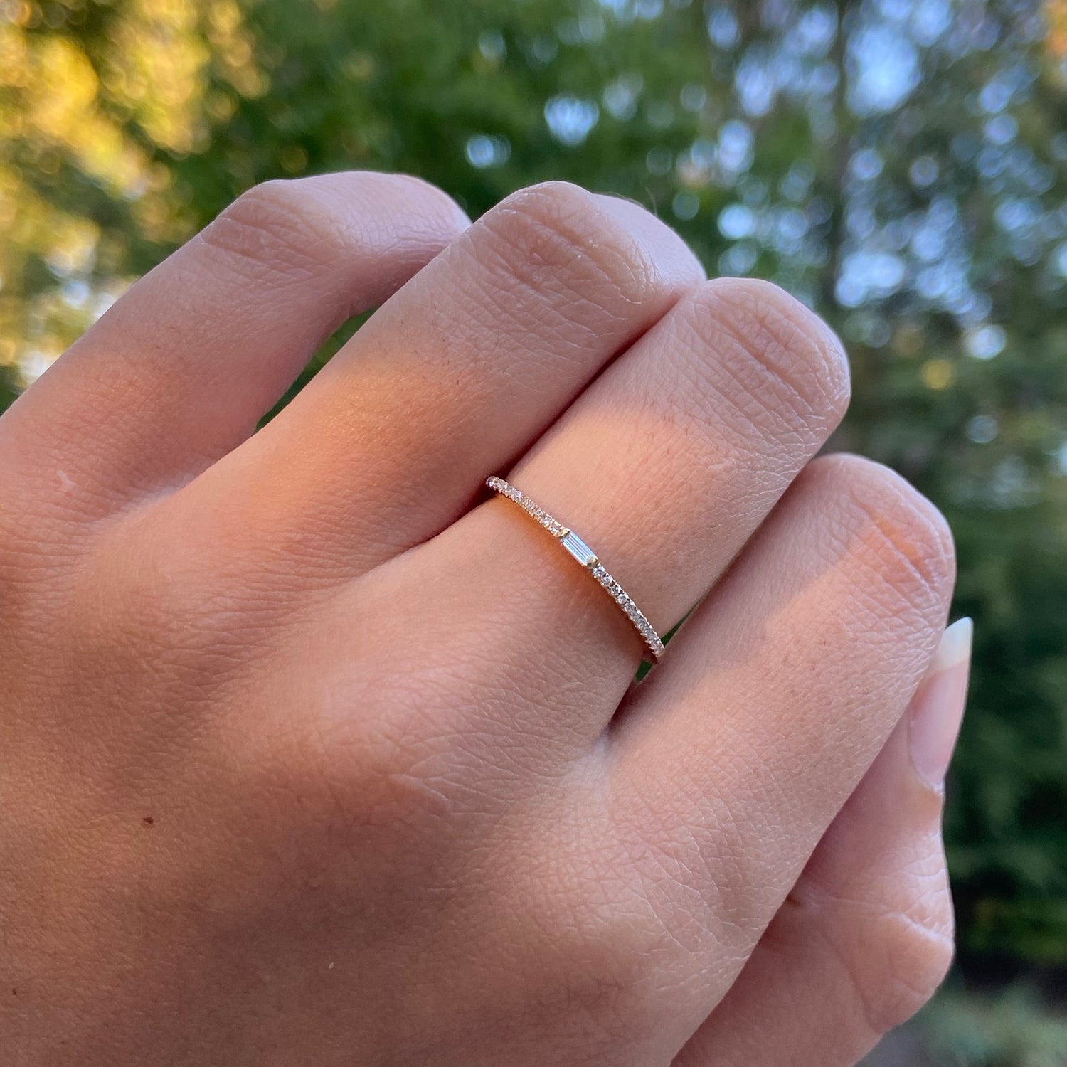 Single baguette thin diamond stacking ring