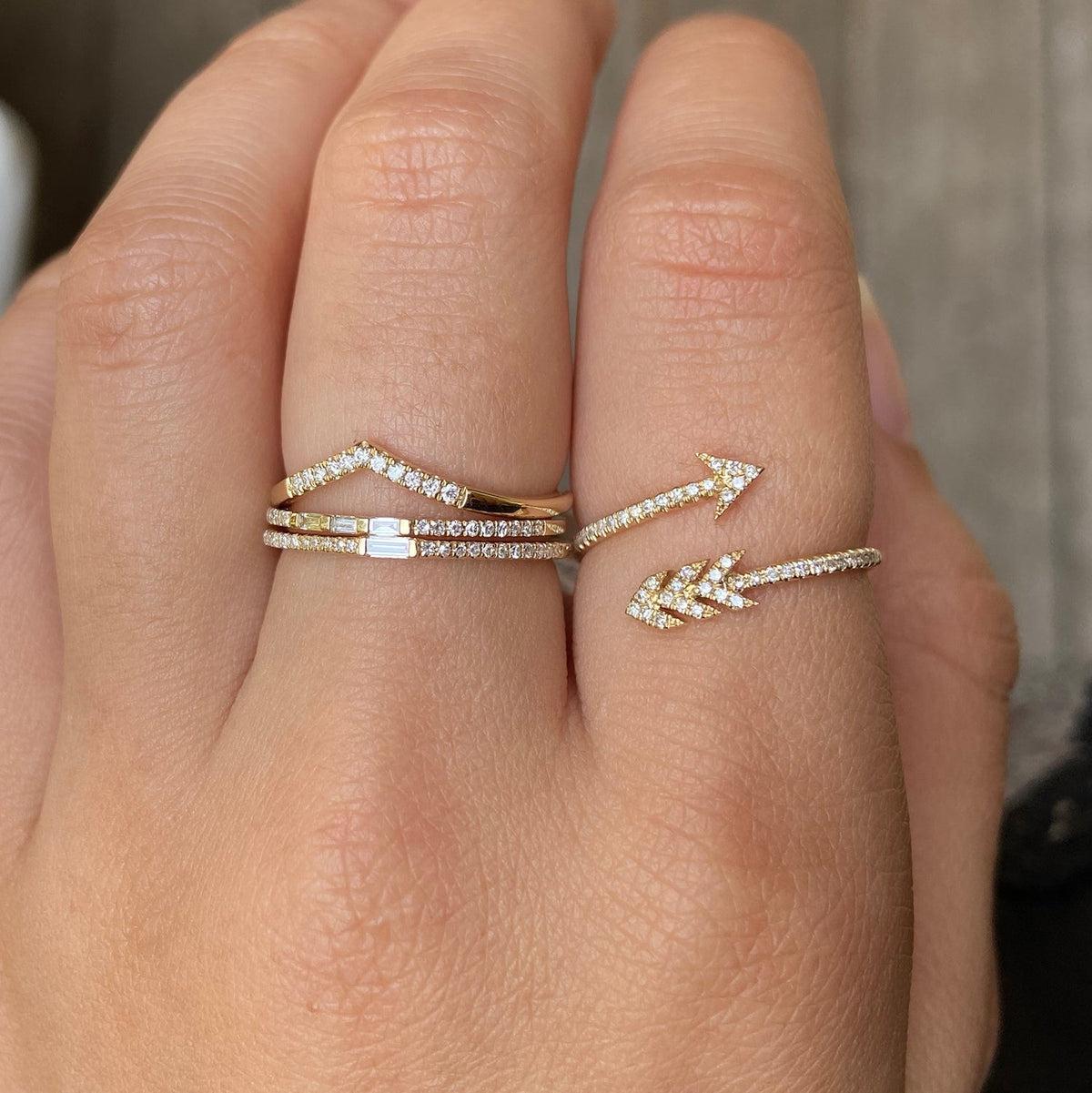 stacking rings in 14k gold with diamonds