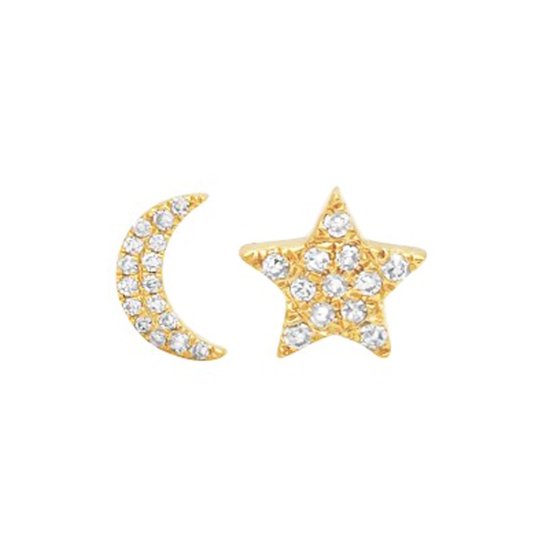 star and moon diamond stud earrings gold