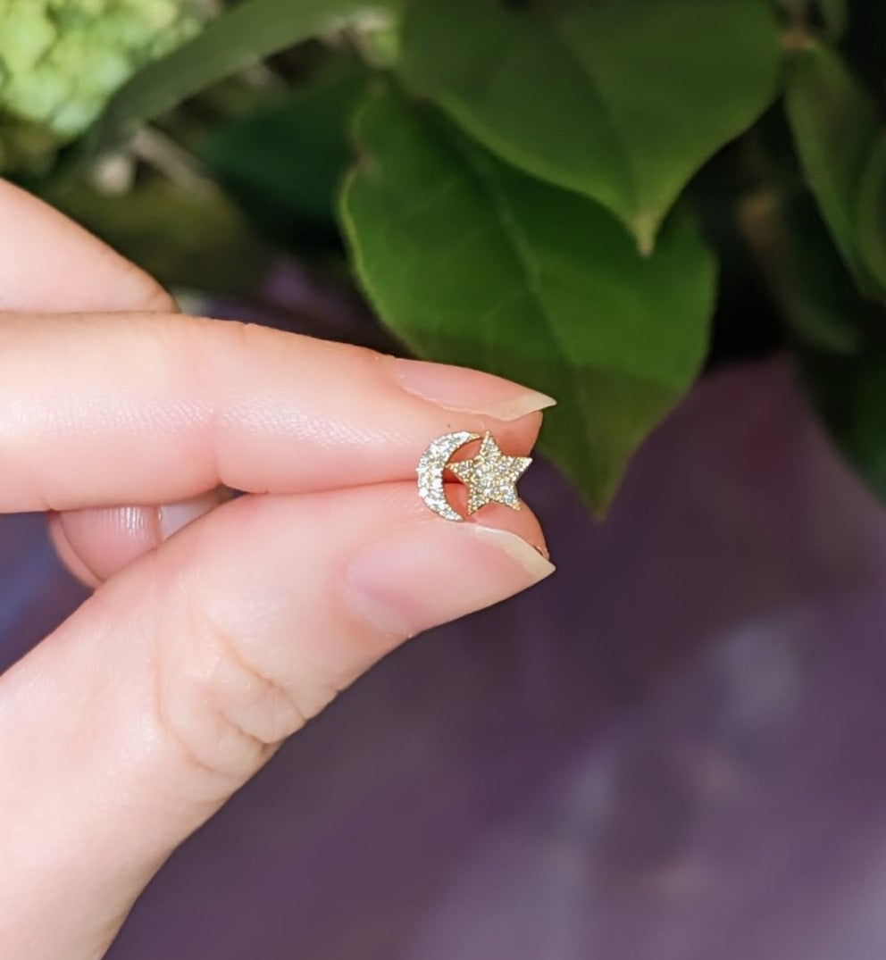 Diamond Star and Moon Stud Earrings in 14k KAMARIA