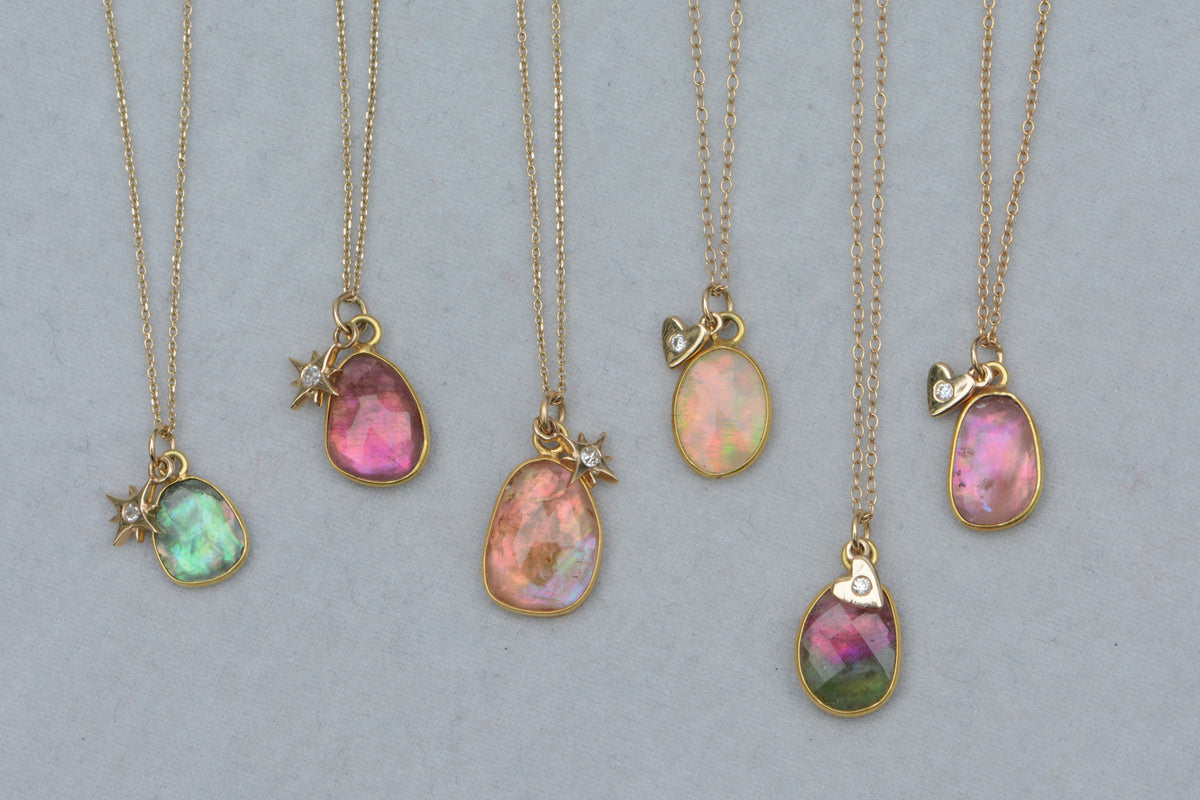 Tourmaline Pearl Doublet Necklaces With Diamond Heart and Star Charms