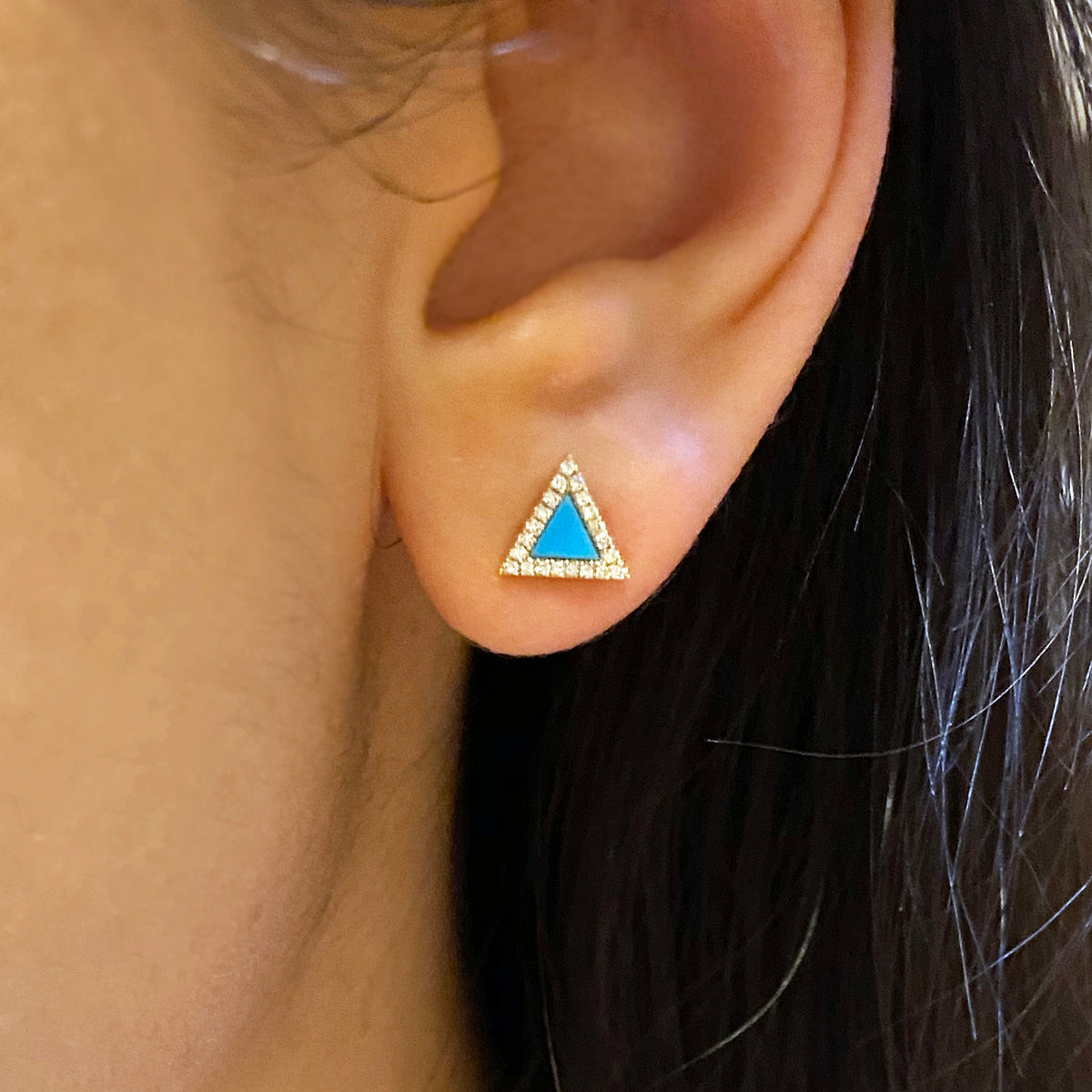 Triangle Turquoise Diamond Stud Earrings in 14k Gold Lifestyle