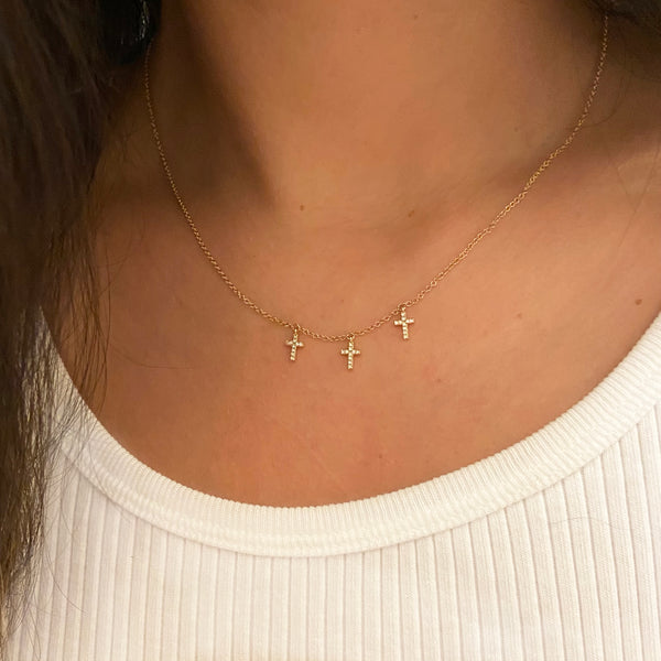 Triple Diamond Cross Necklace In 14k Gold - KAMARIA