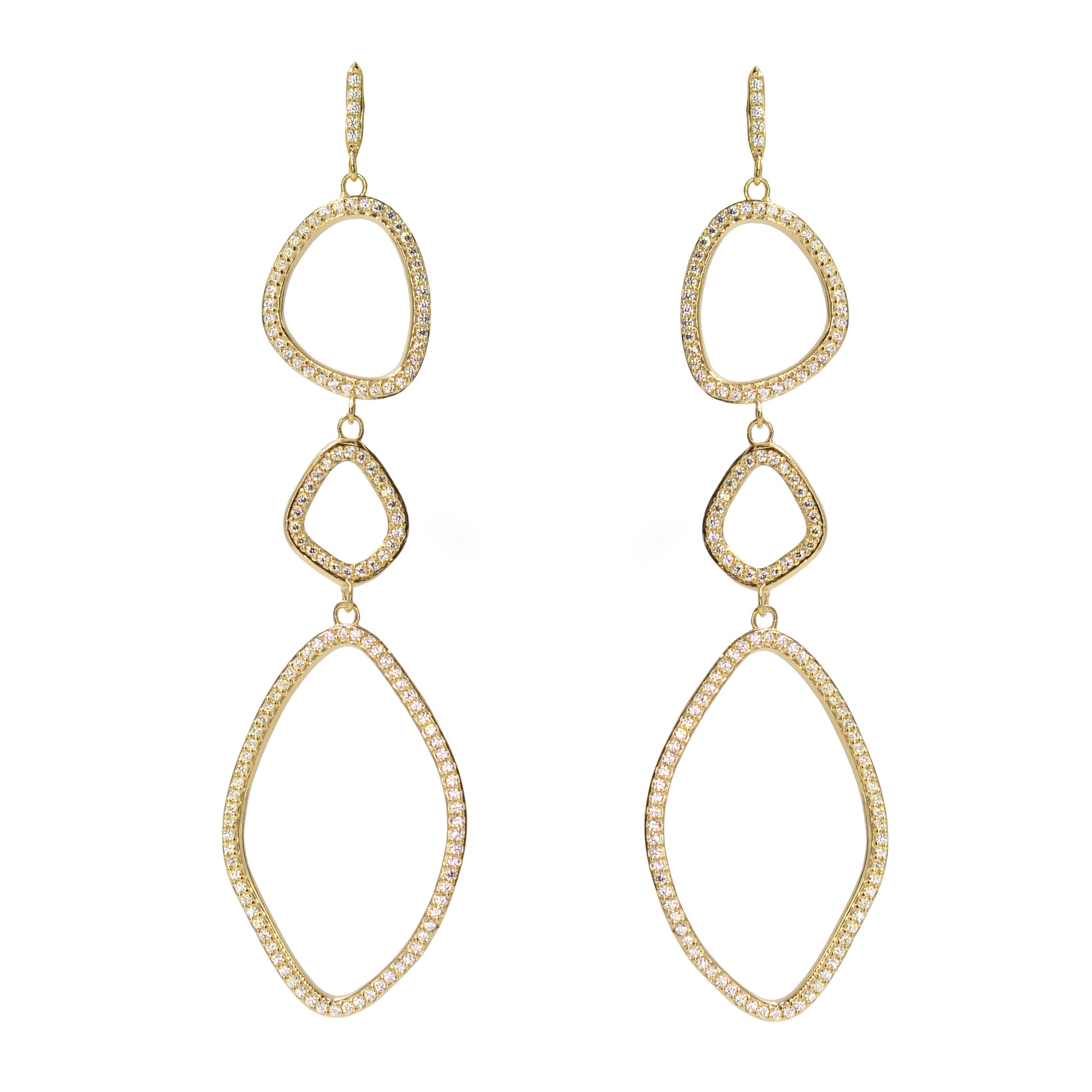 Triple organic shape dangle earrings in yellow gold